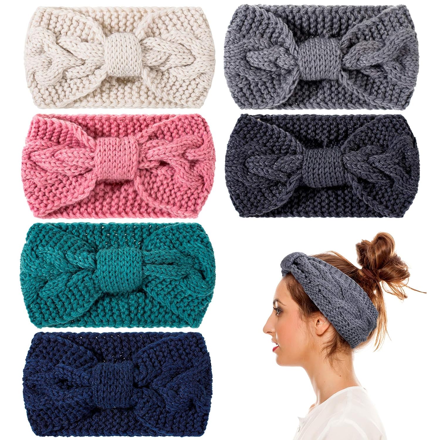 Whaline 6 Pieces Knit Headbands Winter Ear Warmers, Twisted Elastic Turban Head Wraps with Bow Knot, Hair Band Accessories, Hair Scrunchies Scarves for Women Girls (Blue Pink Colors)