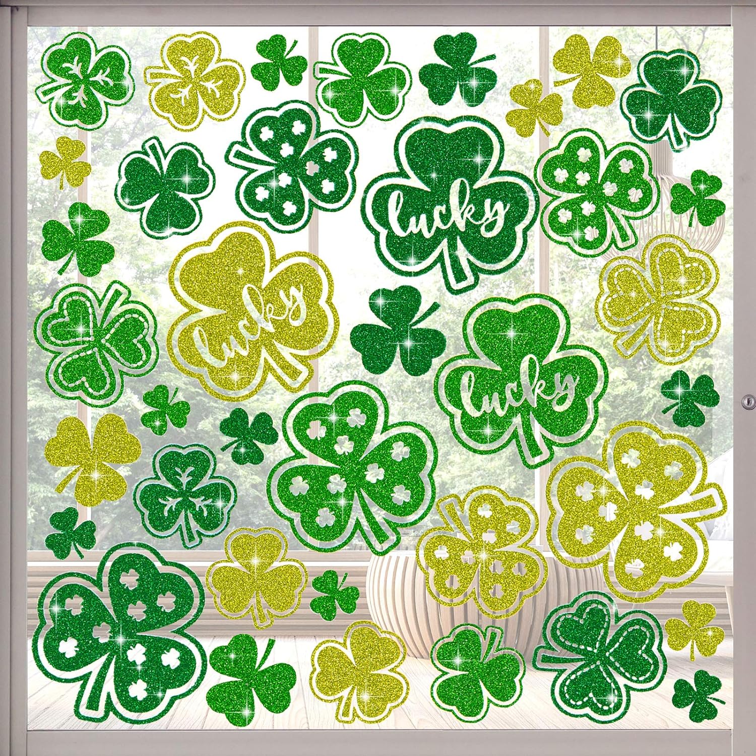 Whaline 72pcs Glitter St Patrick' Day Window Stickers Assorted Green Shamrock Window Clings Lucky Shamrock Static Window Decals Spring Irish Decoration for Home Party, 4 Sheet
