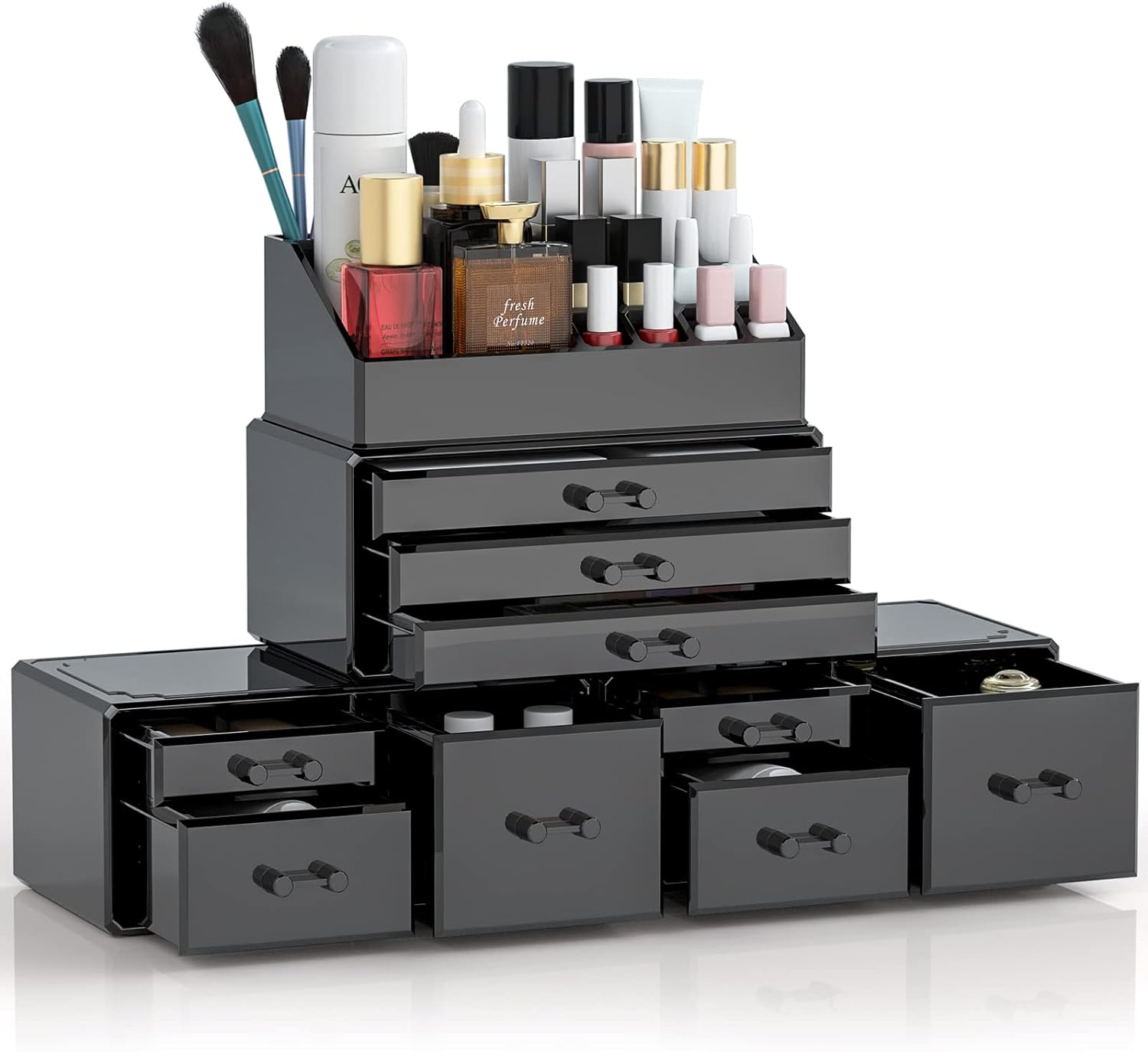 DreamGenius Makeup Organizer 4 Pieces, Acrylic Makeup Storage Box with 9 Drawers for Lipstick Jewelry and Makeup Brushes, Stackable Vanity Organizer for Dresser and Bathroom Countertop, Black