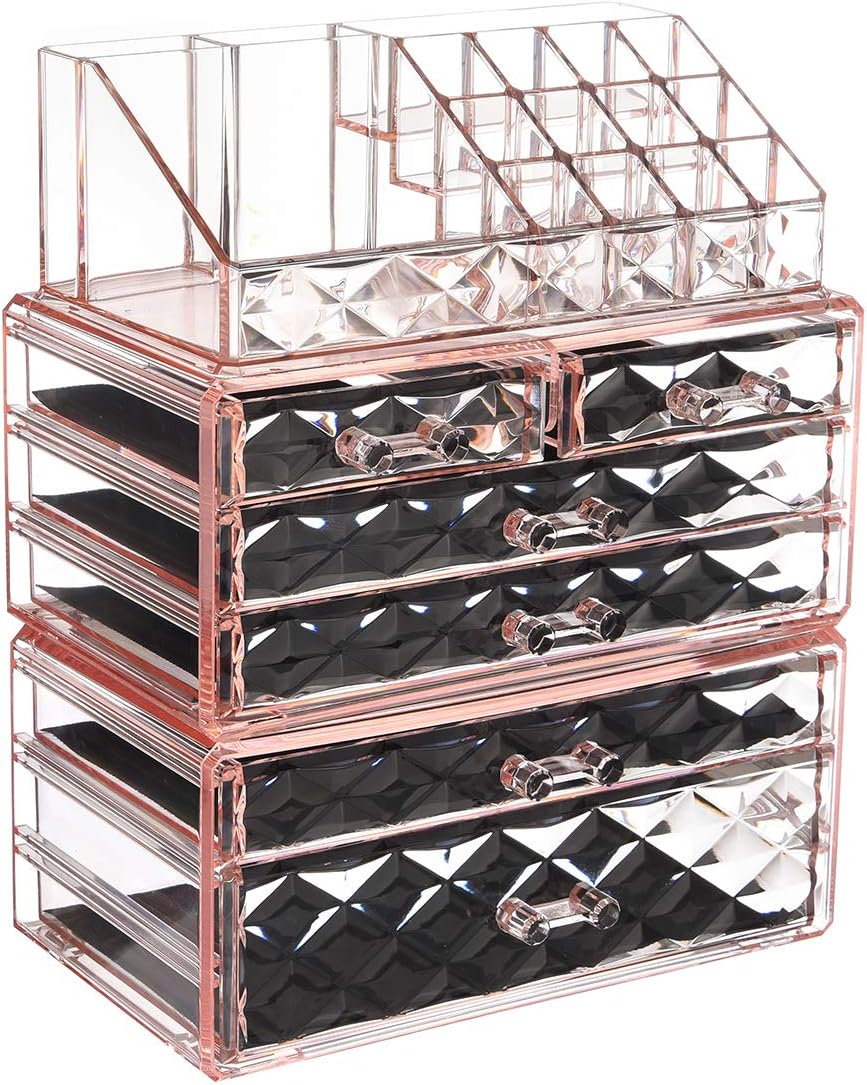 ZHIAI Makeup Organizer Acrylic Cosmetic Storage Drawers and Jewelry Display Box Transparent (Style B(Pink Diamond): 1 Top, 2 Small, 3 Large, 1 XLarge Drawers)