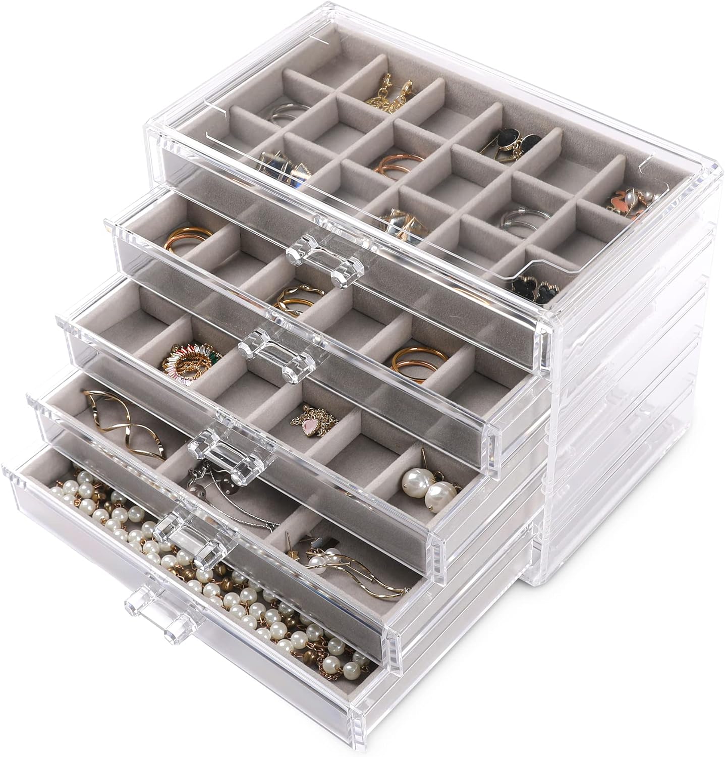 Frebeauty Acrylic Jewelry Organizer,Earring Organizer Box with 5 Drawers Clear Jewelry Box with Velvet Trays for Women,Stackable Earring Display Holder for Rings Studs and Bracelets(Grey)