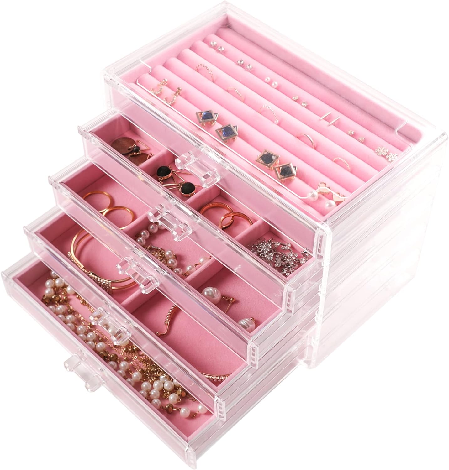 Frebeauty Extra Large Acrylic Jewelry Box for Women 5 Layers Clear Jewelry Organizer Velvet Earring Box with 5 Drawers Rings Display Case Necklaces Holder Tray for Women Girls(Pink)