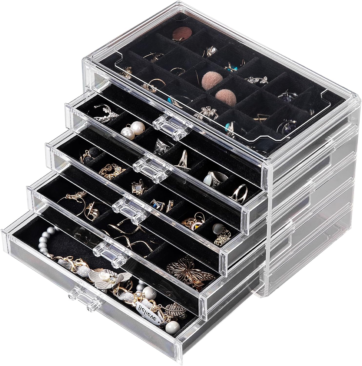 Frebeauty Acrylic Jewelry Organizer,Earring Organizer Box with 5 Drawers Clear Jewelry Box with Velvet Trays for Women,Stackable Earring Display Holder for Rings Studs and Bracelets(Black)