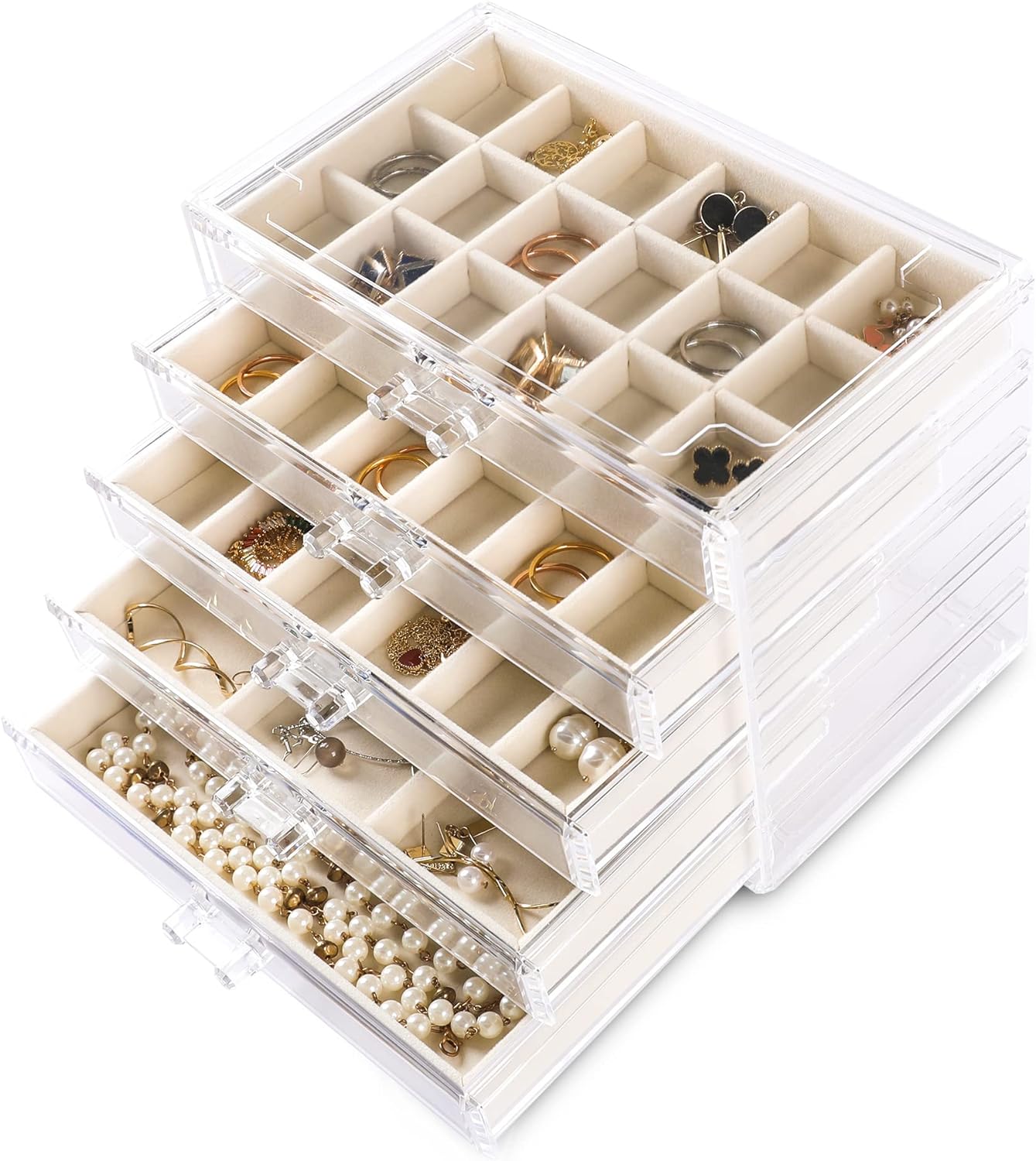 Frebeauty Acrylic Jewelry Organizer,Earring Organizer Box with 5 Drawers Clear Jewelry Box with Velvet Trays for Women,Stackable Earring Display Holder for Rings Studs and Bracelets(Beige)