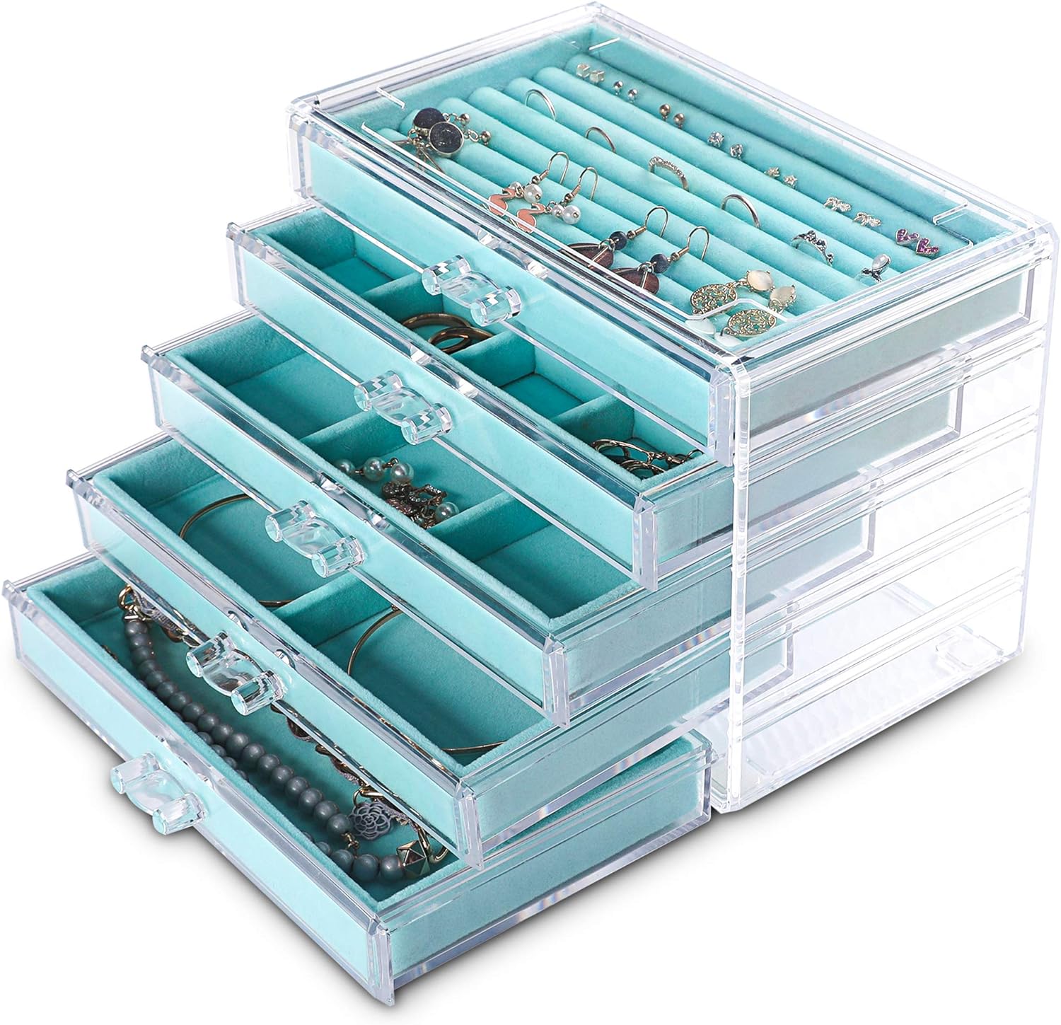 Frebeauty Extra Large Acrylic Jewelry Box for Women 5 Layers Clear Jewelry Organizer Velvet Earring Box with 5 Drawers Rings Display Case Necklaces Holder Tray for Women Girls (Turquoise)