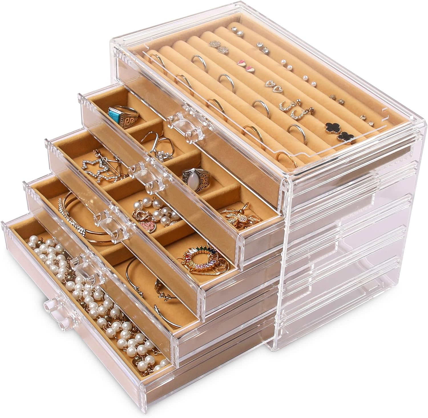 Frebeauty Extra Large Acrylic Jewelry Box for Women 5 Layers Clear Jewelry Organizer Velvet Earring Box with 5 Drawers Rings Display Case Necklaces Holder Tray for Women Girls(Khaki)