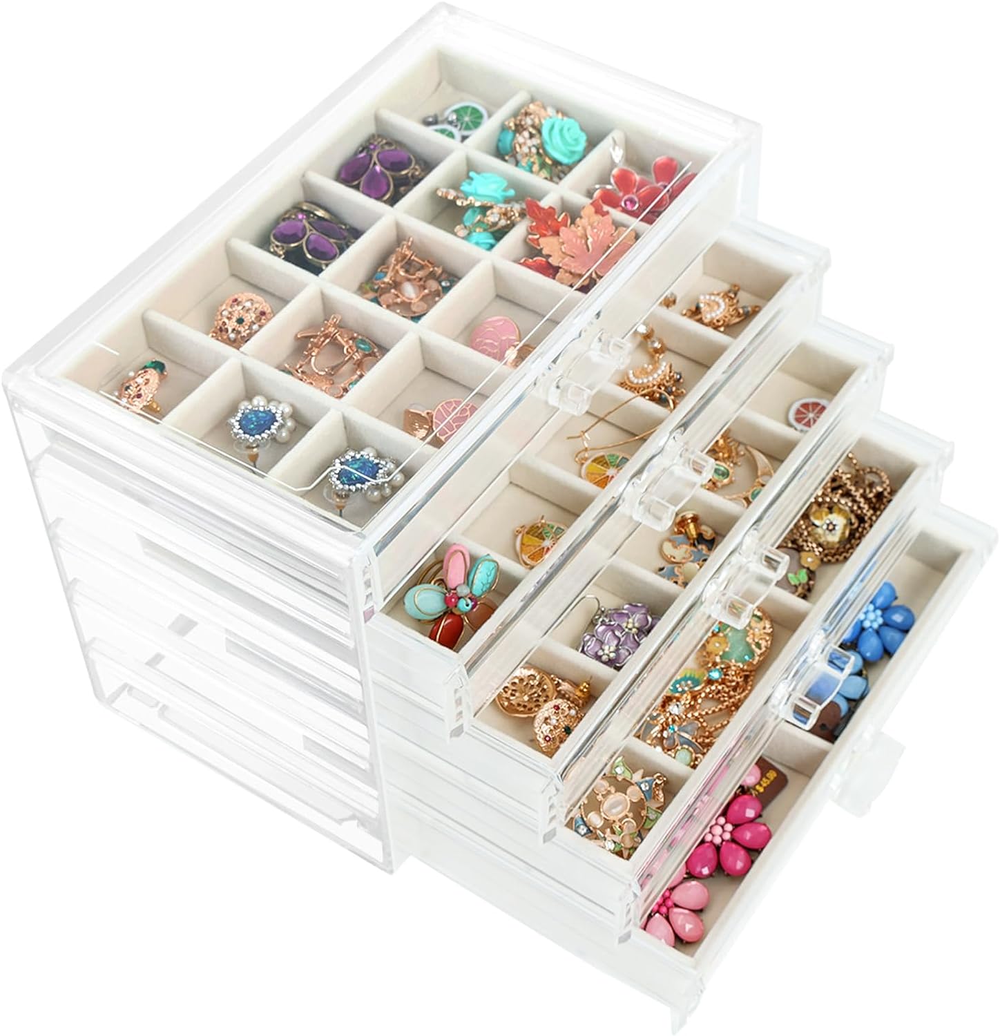 Fixwal Earring Organizer with 5 Drawers, Clear Acrylic Jewelry Box with Velvet Trays for Women, Earring Display Holder for Earrings Ring Bracelet Necklace, Birthday and Christmas Gift, Beige