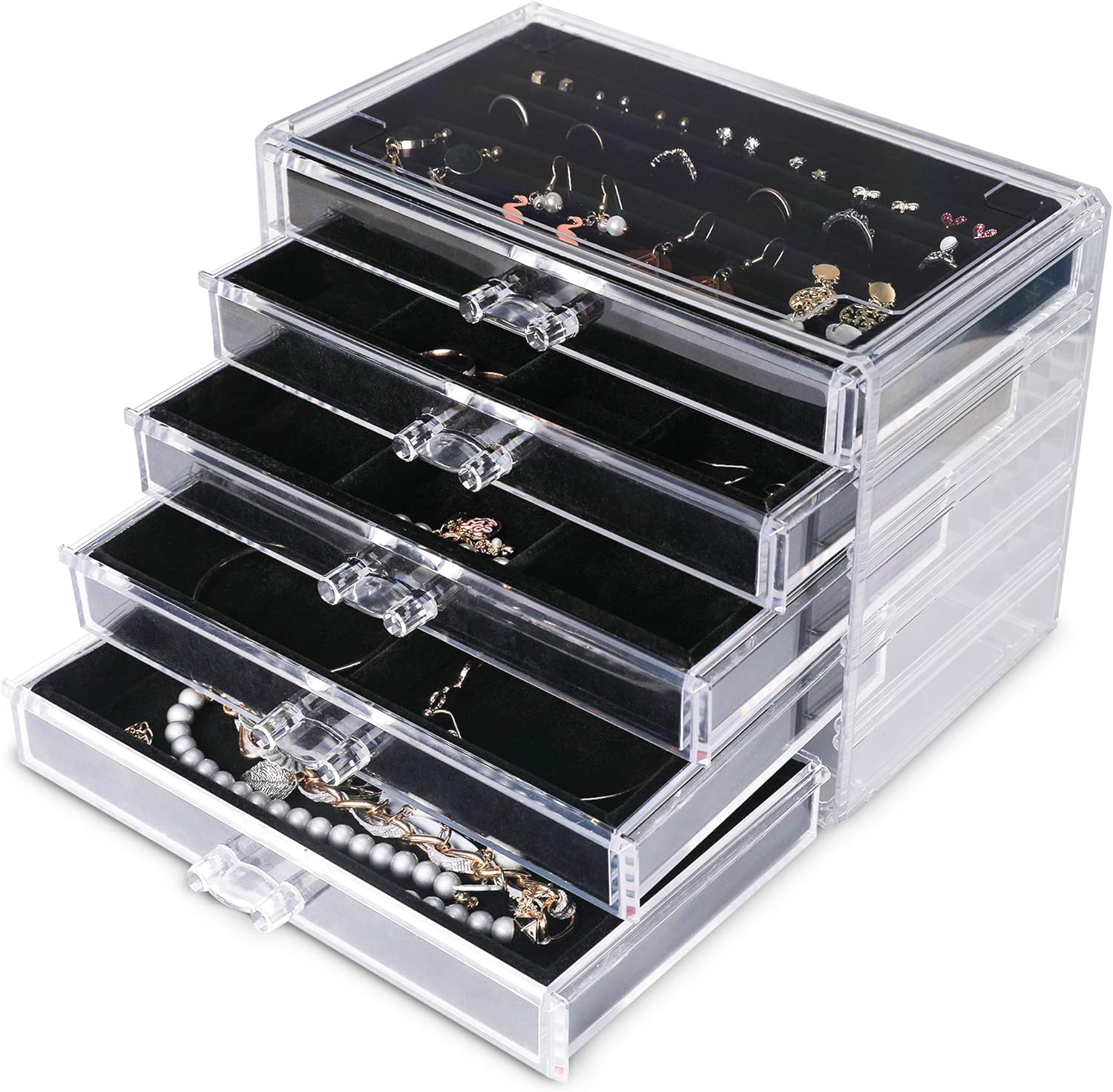 Frebeauty Extra Large Acrylic Jewelry Box for Women 5 Layers Clear Jewelry Organizer Velvet Earring Box with 5 Drawers Rings Display Case Necklaces Holder Tray for Women Girls (Black)