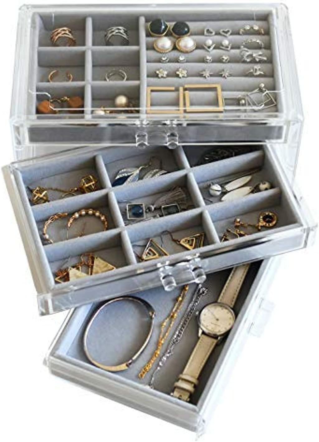 HerFav Acrylic Jewelry Box for Women with 3 Drawers for Rings Earrings and Necklace, Compact Jewelry Case, Transparent Gray