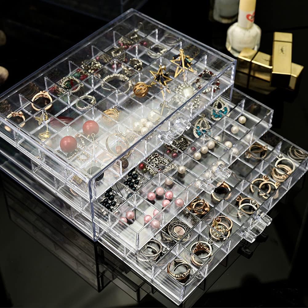 Earring Storage Box Organizer 3 Drawers Acrylic Jewelry Storage Box Holder Transparent Jewelry Display Stand with 72 Small Compartments Gift for Women Girls (Clear)