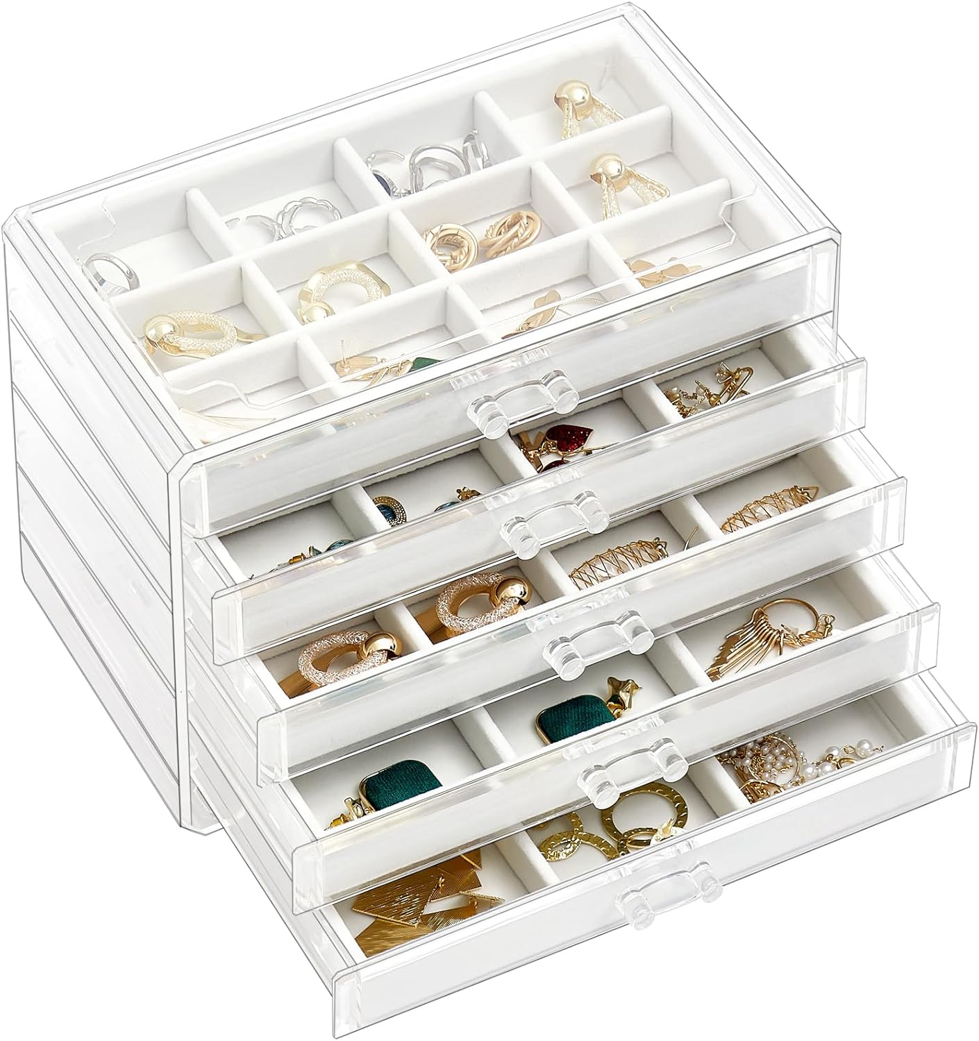 Earring Organizer Jewelry Organizer Box with 5 Drawers, Acrylic Stackable Jewelry Holder Clear Earring Storage Case with Adjustable Velvet Trays for Women on Dresser Vanity -Warmwhite,5 Layers