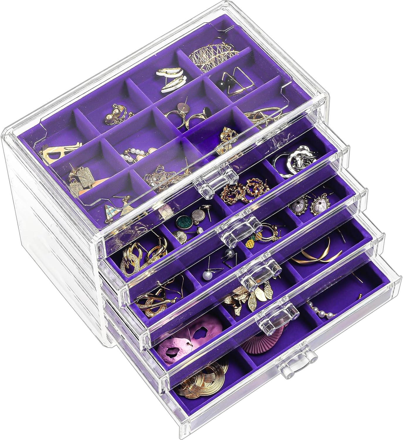 Earring Organizer Jewelry Organizer Box with 5 Drawers, Acrylic Stackable Jewelry Holder Clear Earring Storage Case with Adjustable Velvet Trays for Women on Dresser Vanity -Purple, 5 Layers