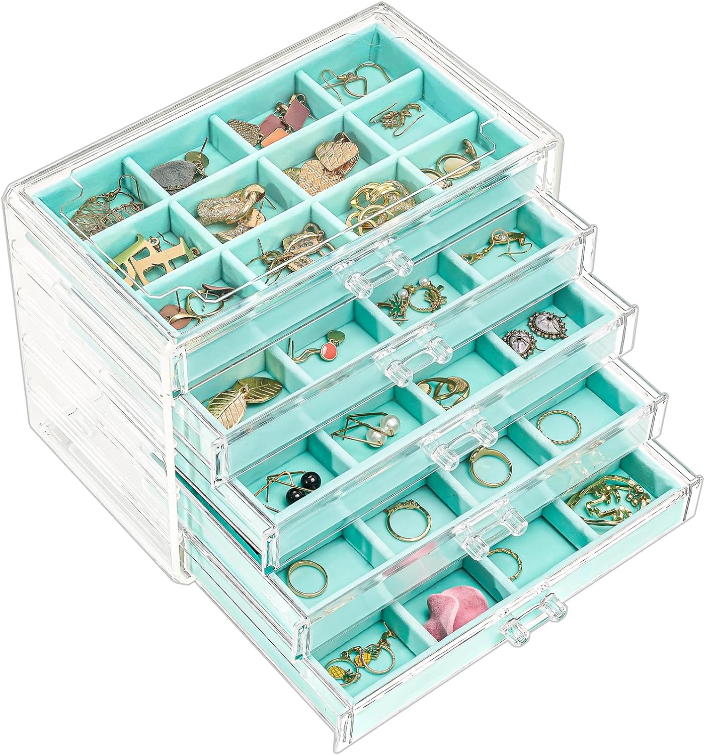 Earring Organizer Jewelry Organizer Box with 5 Drawers, Acrylic Stackable Jewelry Holder Clear Earring Storage Case with Adjustable Velvet Tray for Women on Dresser Vanity -Aqua, 5 Layers