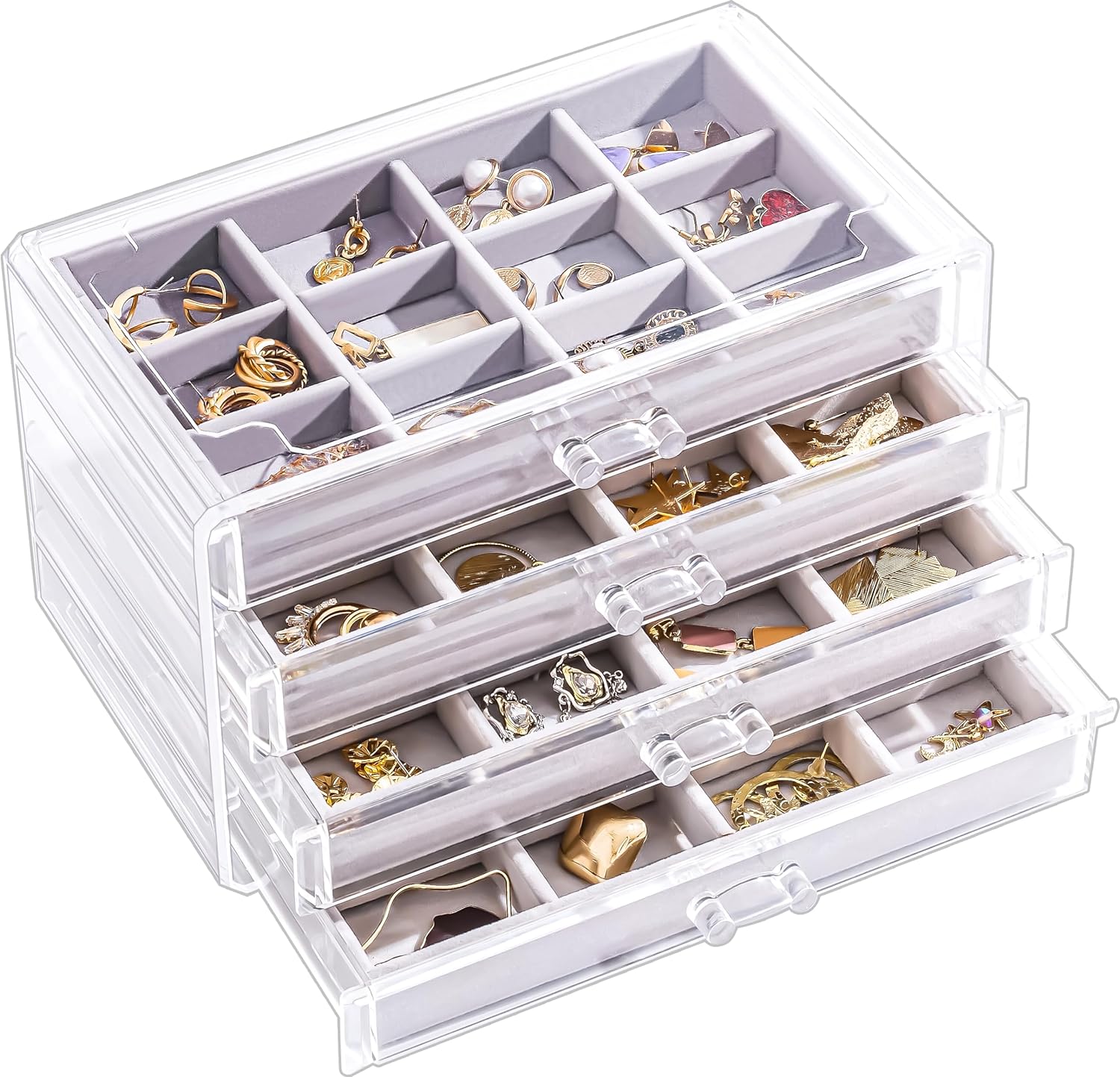 Lolalet Acrylic Earring Organizer Box Jewelry Holder Organizer with 4 Drawers, Clear Stackable Earring Holder Storage Case with Adjustable Velvet Trays for Women on Dresser Vanity -Grey, 4 Layers