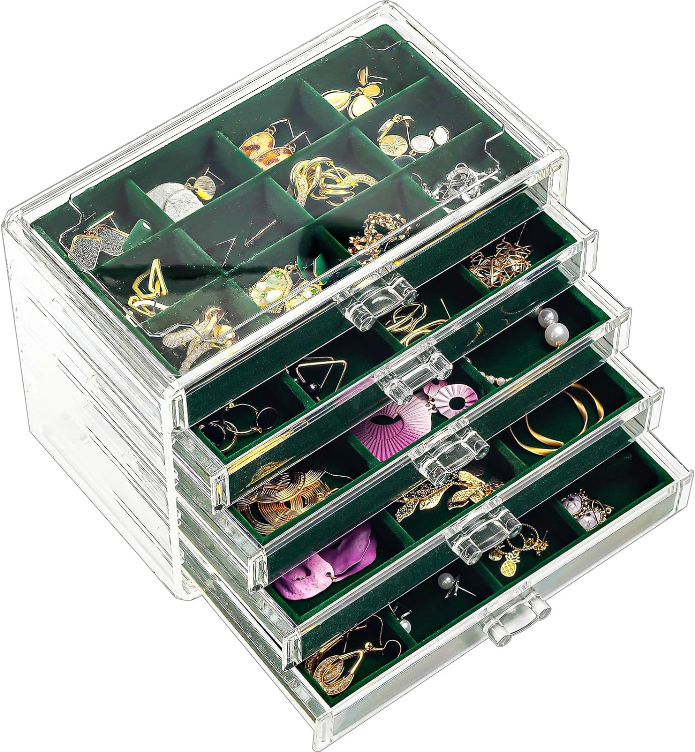 Earring Organizer Jewelry Organizer Box with 5 Drawers, Acrylic Stackable Jewelry Holder Clear Earring Storage Case with Adjustable Velvet Trays for Women on Dresser Vanity -Emerald, 5 Layers