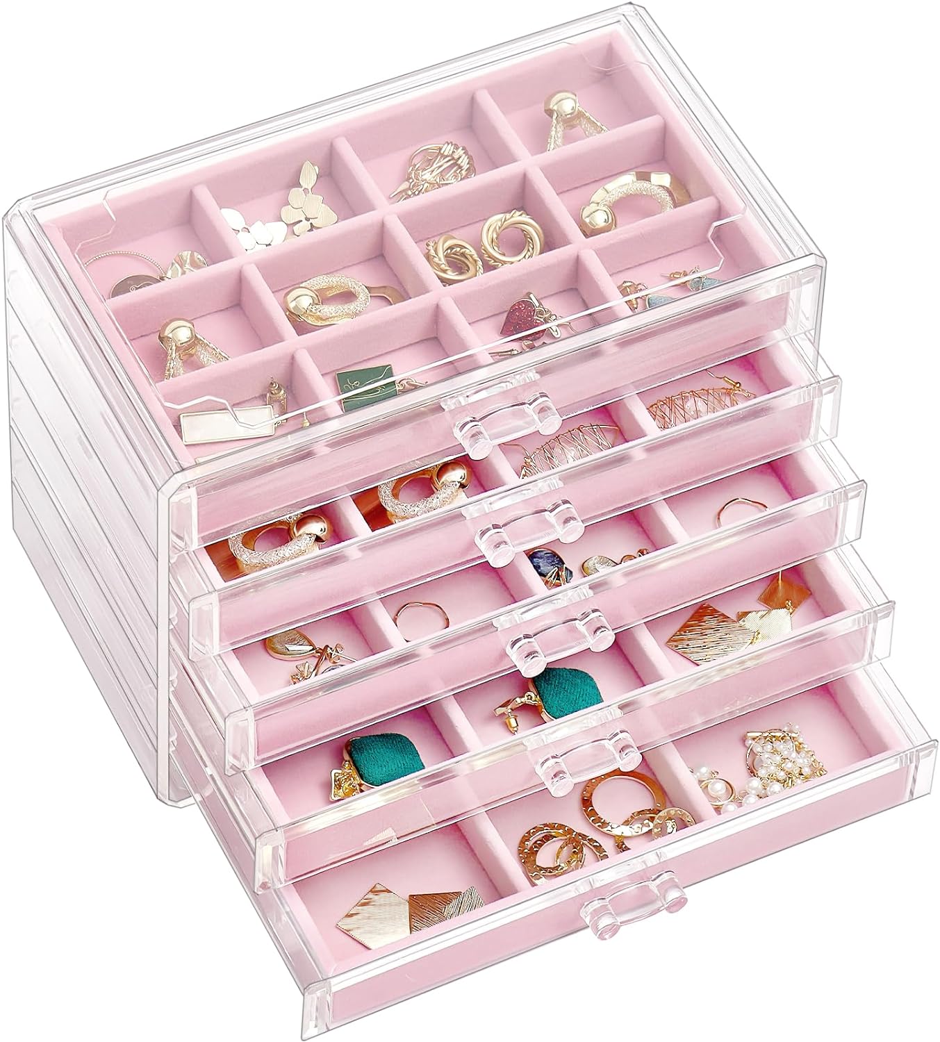 Earring Organizer Jewelry Organizer Box with 5 Drawers, Acrylic Stackable Jewelry Holder Clear Earring Storage Case with Adjustable Velvet Trays for Women on Dresser Vanity -Pink, 5 Layers