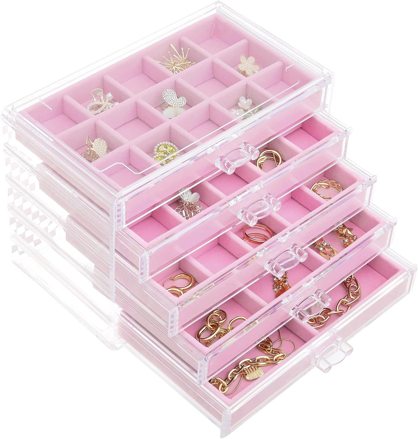 misaya Earring Jewelry Organizer with 5 Drawers, Gift for Women, Girls, Clear Acrylic Jewelry Box for Women, Velvet Earring Display Holder for Earrings Only, Pink