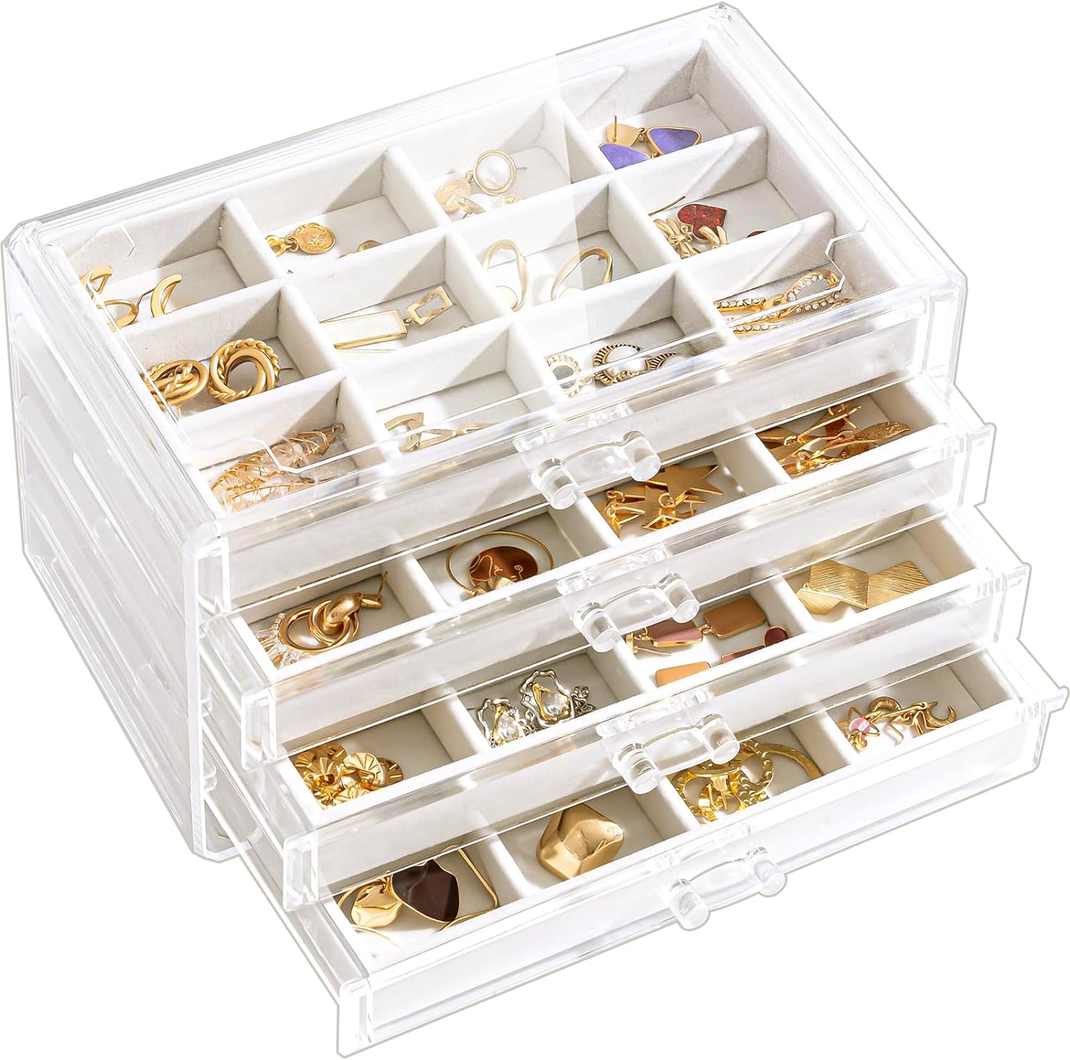 Lolalet Acrylic Earring Organizer Box Jewelry Holder Organizer with 4 Drawers, Clear Stackable Earring Holder Storage Case with Adjustable Velvet Trays for Women on Dresser Vanity -Warmwhite, 4 Layers