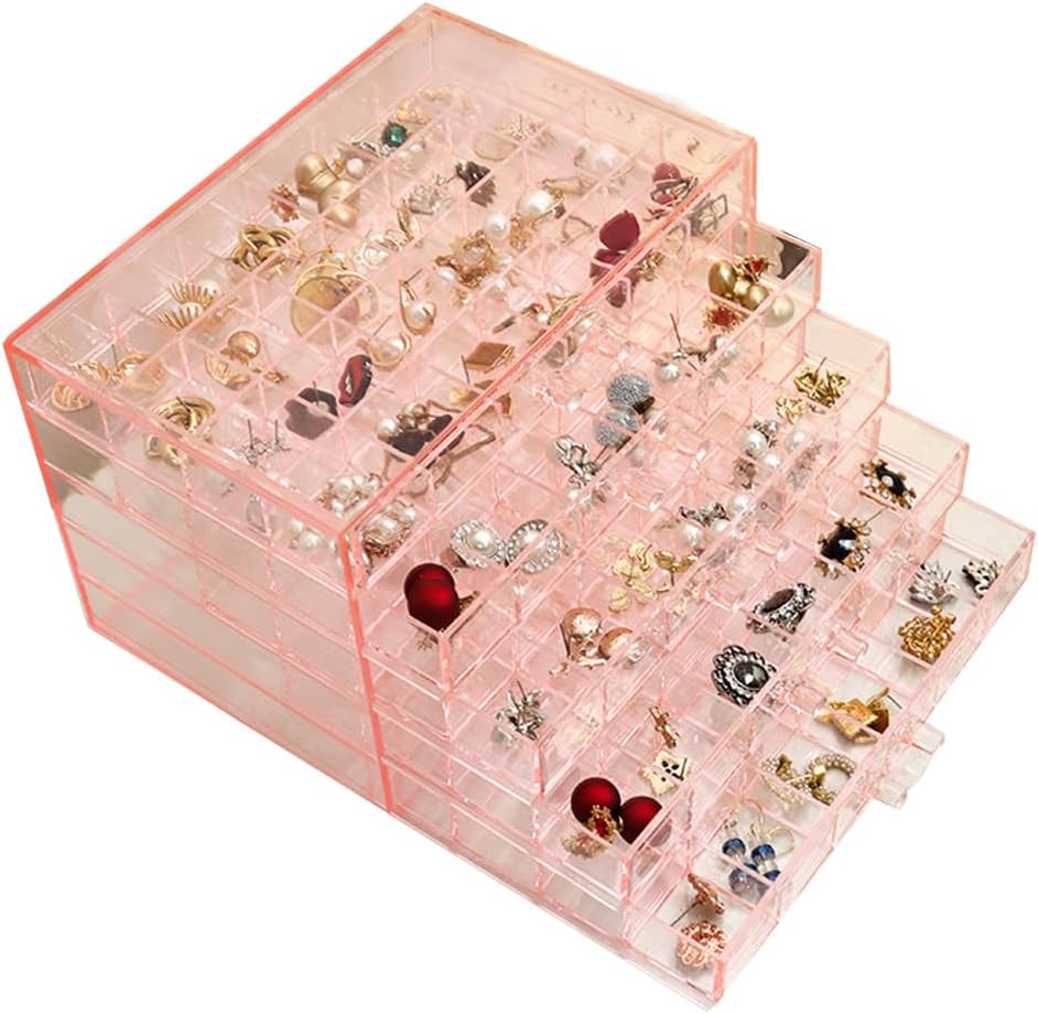 Earring Storage Box Organizer, Acrylic Jewelry Storage Box Holder 5 Drawers Transparent Jewelry Display Stand with 120 Small Compartments Gift Boxes for Women Girls (Clear Pink)