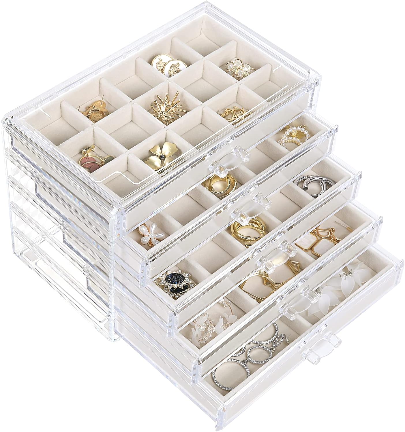 misaya Earring Jewelry Organizer with 5 Drawers, Gift for Women, Girls, Clear Acrylic Jewelry Box for Women, Velvet Earring Display Holder for Earrings Ring Bracelet Necklace, Cream