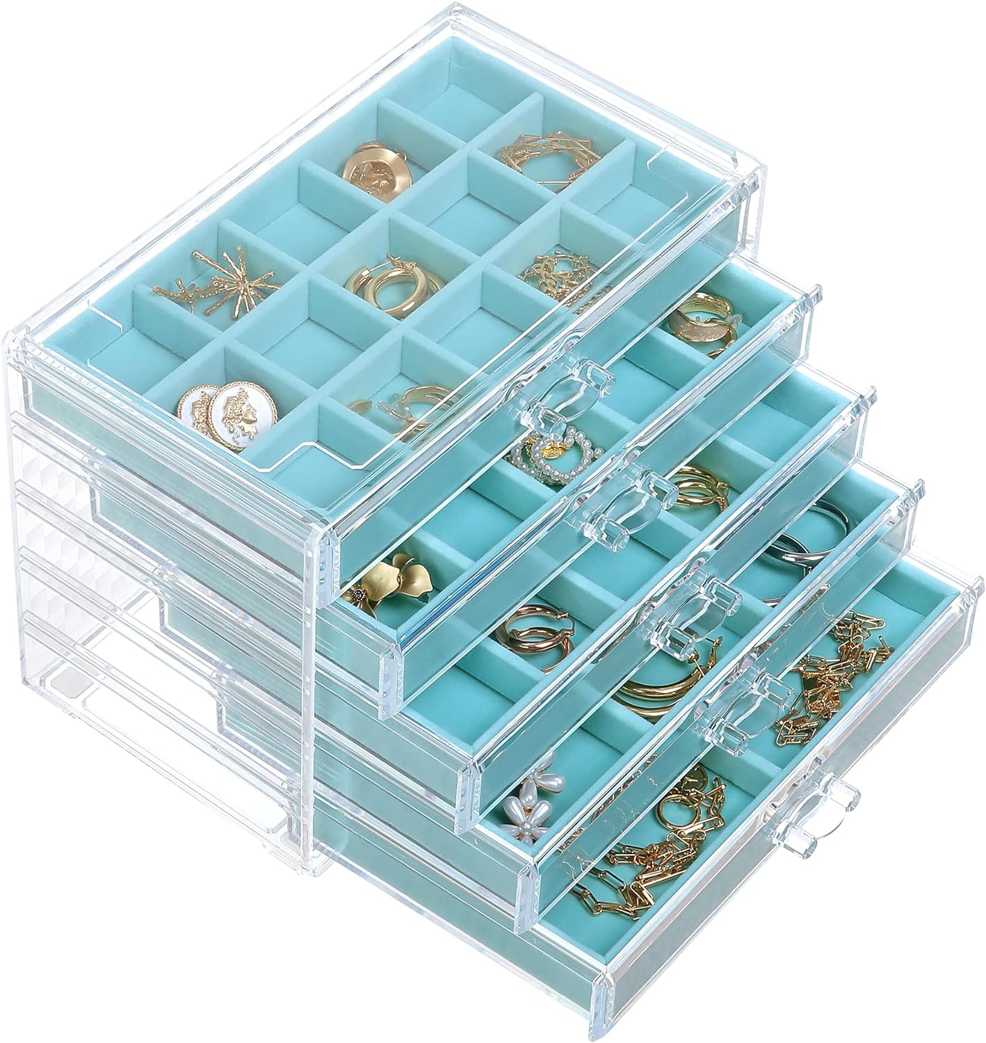 misaya Earring Jewelry Organizer, 5 Drawers Clear Acrylic Jewelry Box for Women, Velvet Earring Display Holder for Earrings Ring Bracelet Necklace, Gift for Women, Girls, Turquoise