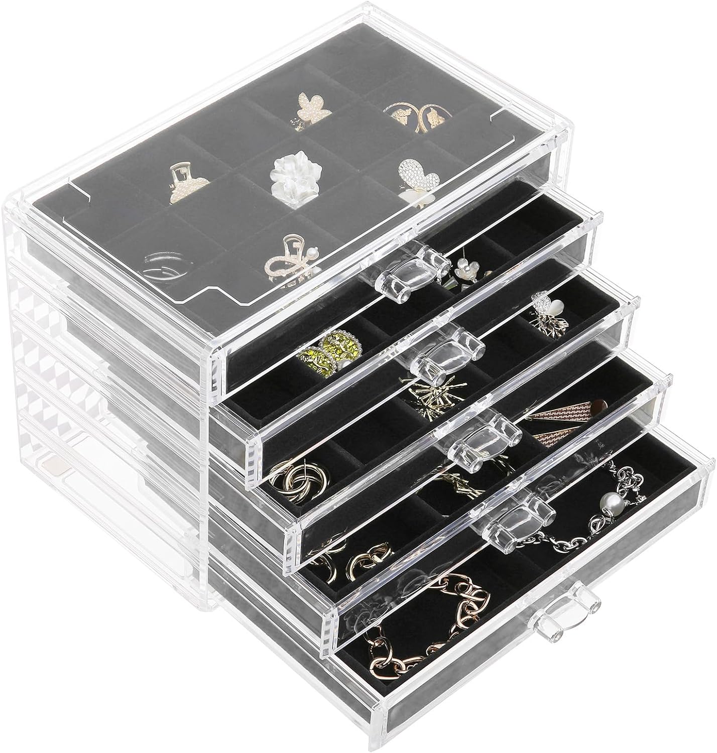 misaya Earring Jewelry Organizer with 5 Drawers, Birthday and New Year Gift, Clear Acrylic Jewelry Box for Women, Velvet Earring Display Holder for Earrings Ring Bracelet Necklace, Black