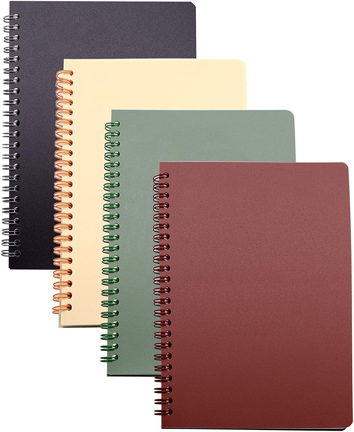 Yansanido Aesthetic Spiral Notebook, 4 Pcs A5 Thick Plastic Hardcover 8mm Ruled 4 Color 80 Sheets -160 Pages Journals for Study and Notes (Ruled-4pcs Wine Red,Black,Dark Green,Beige, A5)