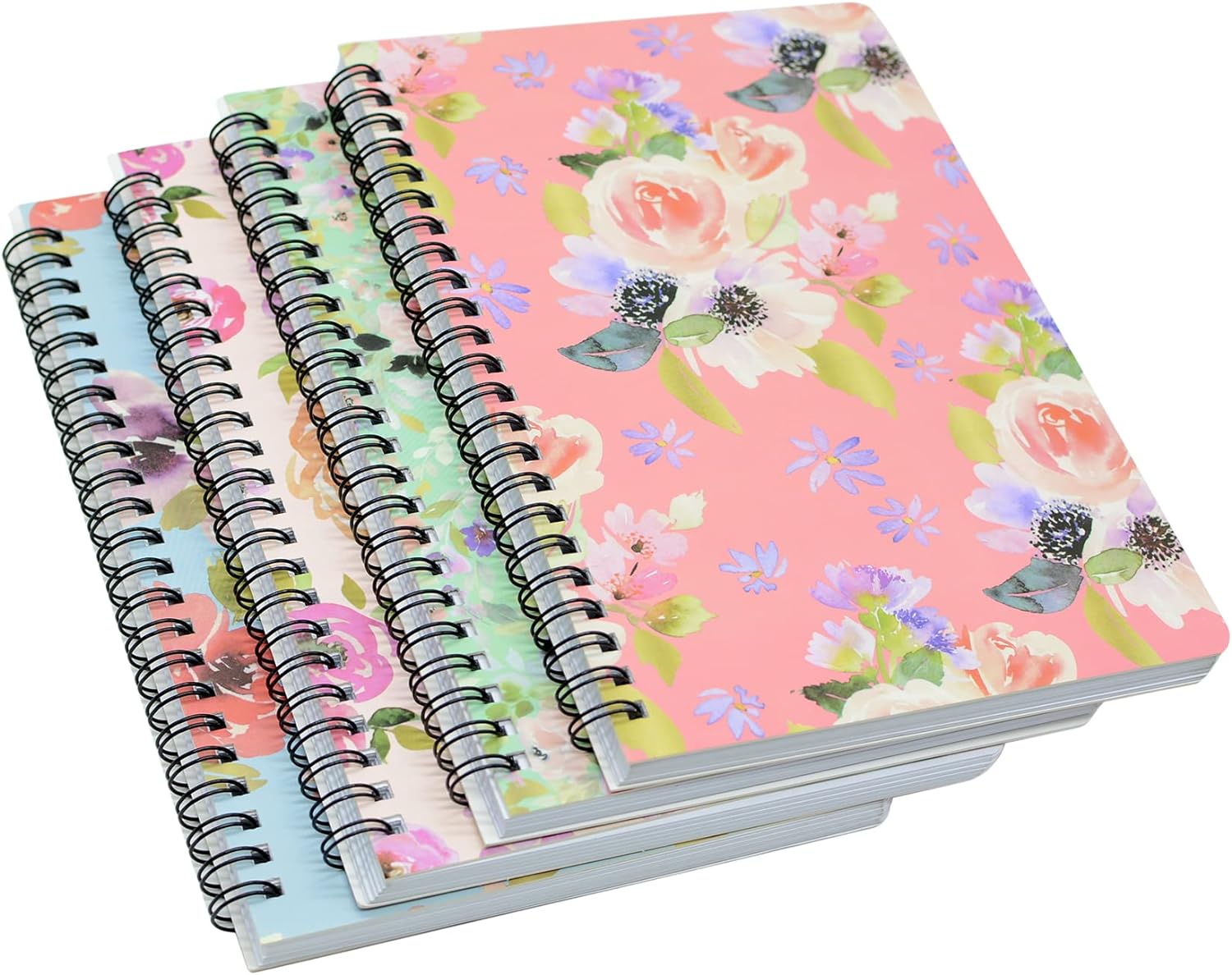 Yansanido Spiral Notebook, 4 Pcs A5 Thick Flower Design Hardcover 8mm Ruled 4 Color 80 Sheets -160 Pages Journals for Study and Notes (flower)