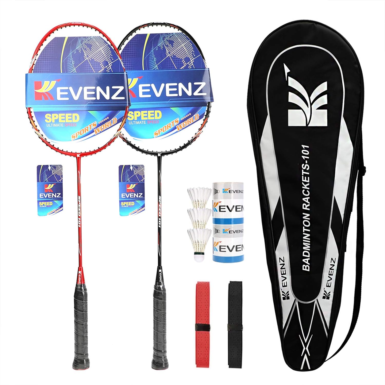 KEVENZ Badminton Racket Set, 2 Carbon Fiber Badminton Racquet, 3 Goose Feather Badminton Birdie, 2 Racket Grip and 1 Carring Bag