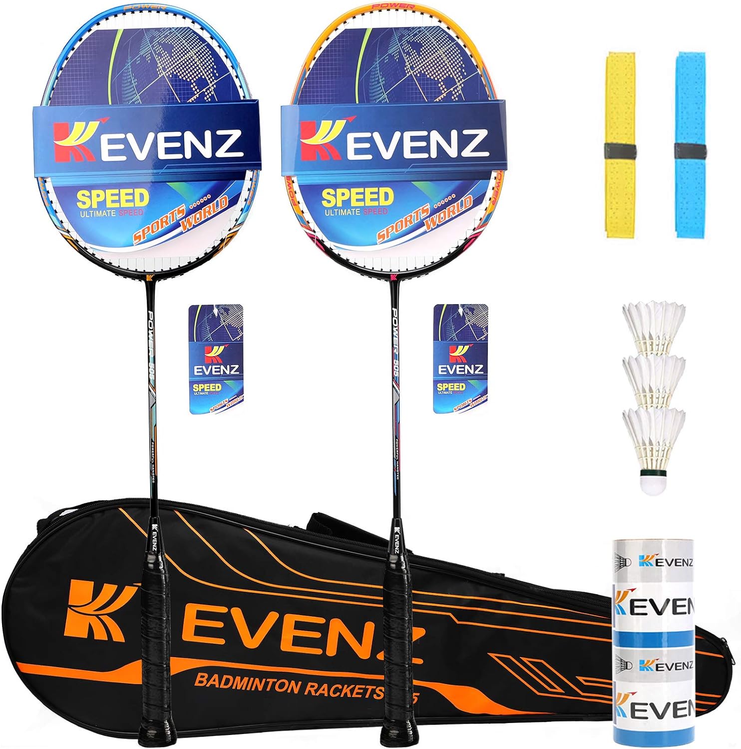 KEVENZ Badminton Racket Set, 2 Carbon Fiber Badminton Racquet, 3 Goose Feather Badminton Birdie, 2 Racket Grip and 1 Carring Bag