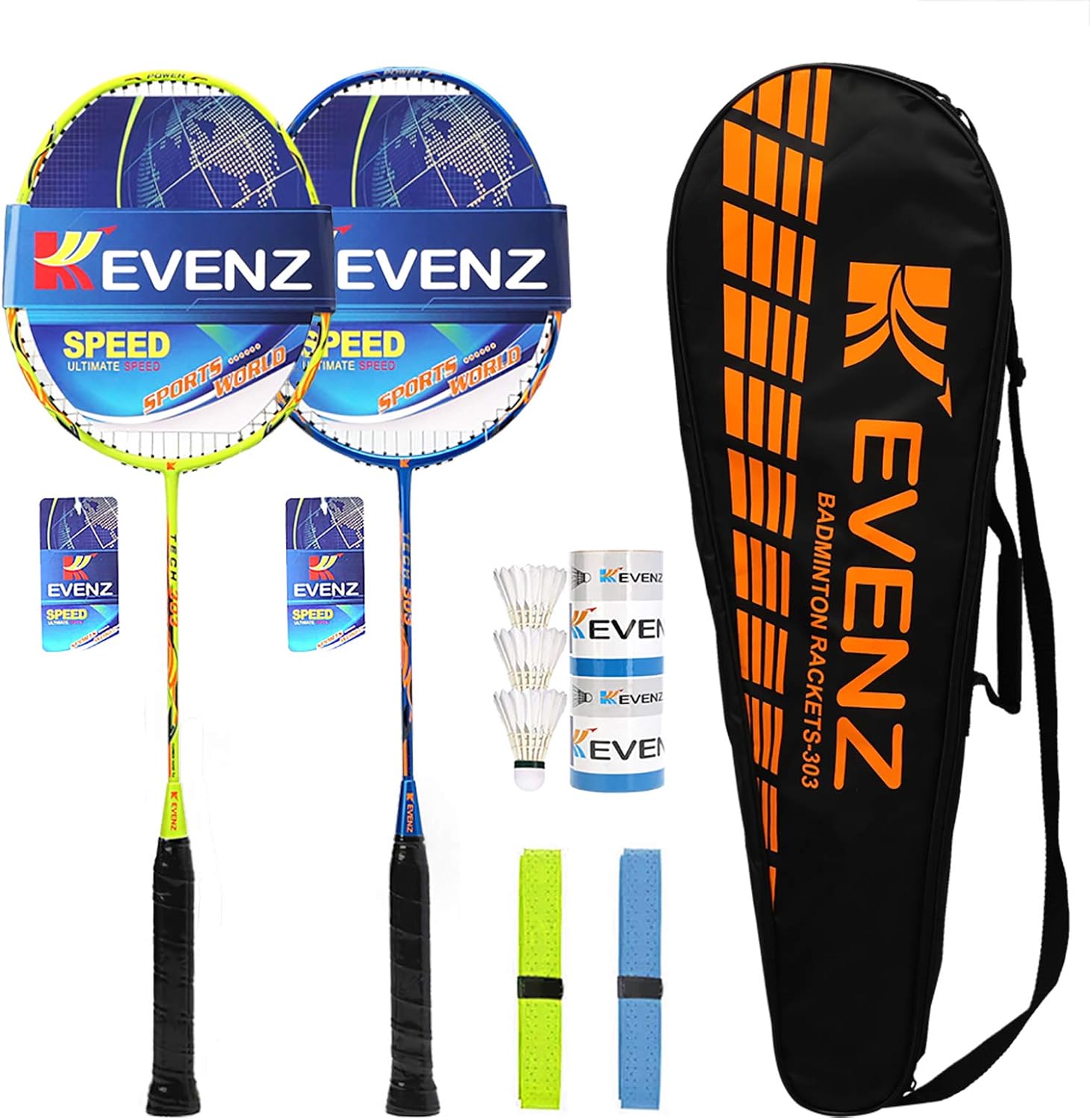 KEVENZ Badminton Racket Set, 2 Carbon Fiber Badminton Racquet, 3 Goose Feather Badminton Birdie, 2 Racket Grip and 1 Carring Bag