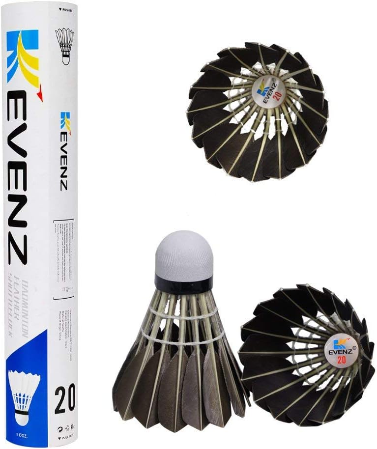 KEVENZ 12-Pack Goose Feather Badminton Shuttlecocks with Great Stability and Durability, High Speed Badminton Birdies Balls (Black)