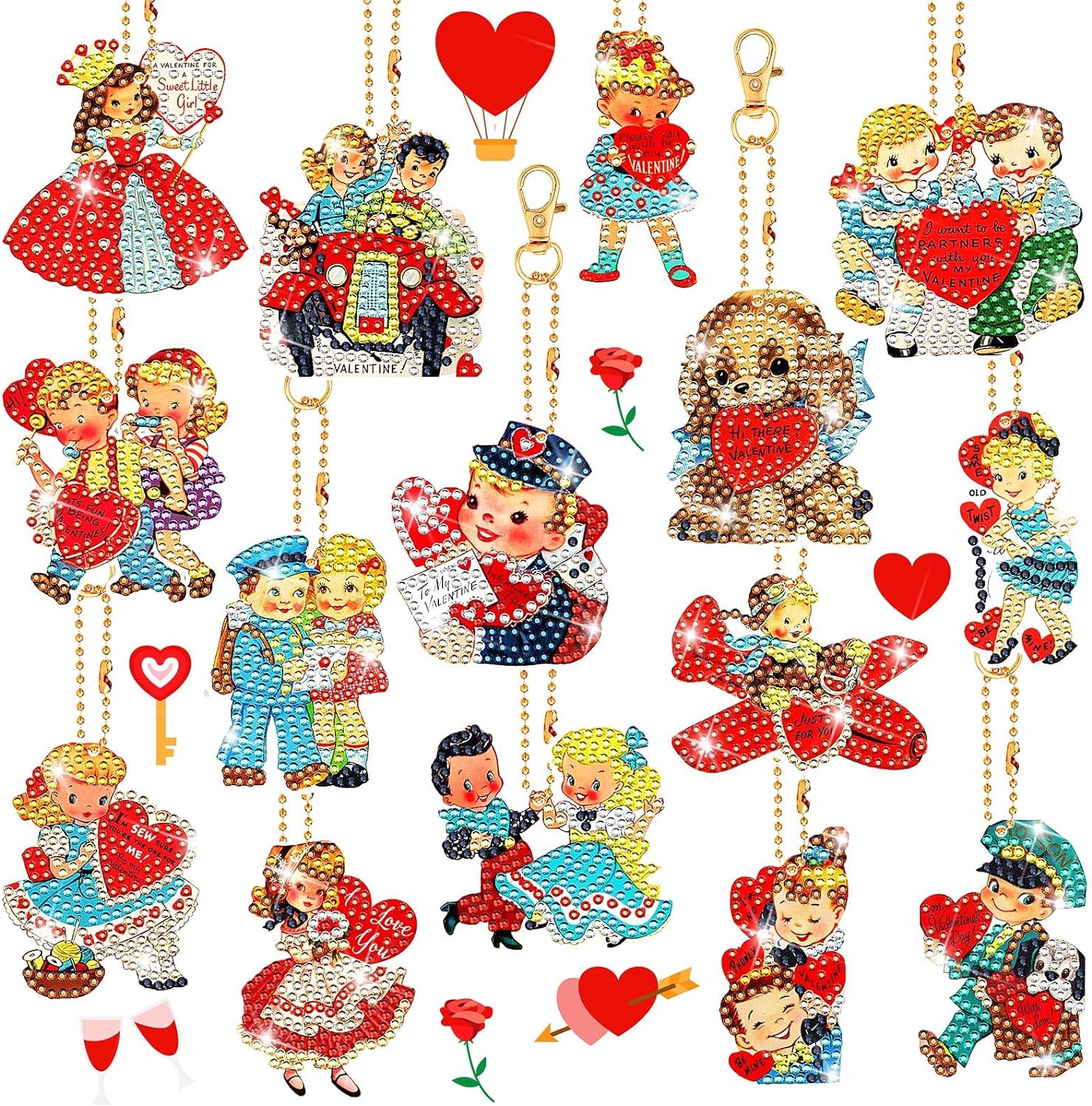 BBTO 15 Valentine' Day Diamond Painted Keychains Art Ornaments 5D DIY Red Valentine' Day Heart Kid Pet Patterns for Children' DIY Crafts (Cute Couple)