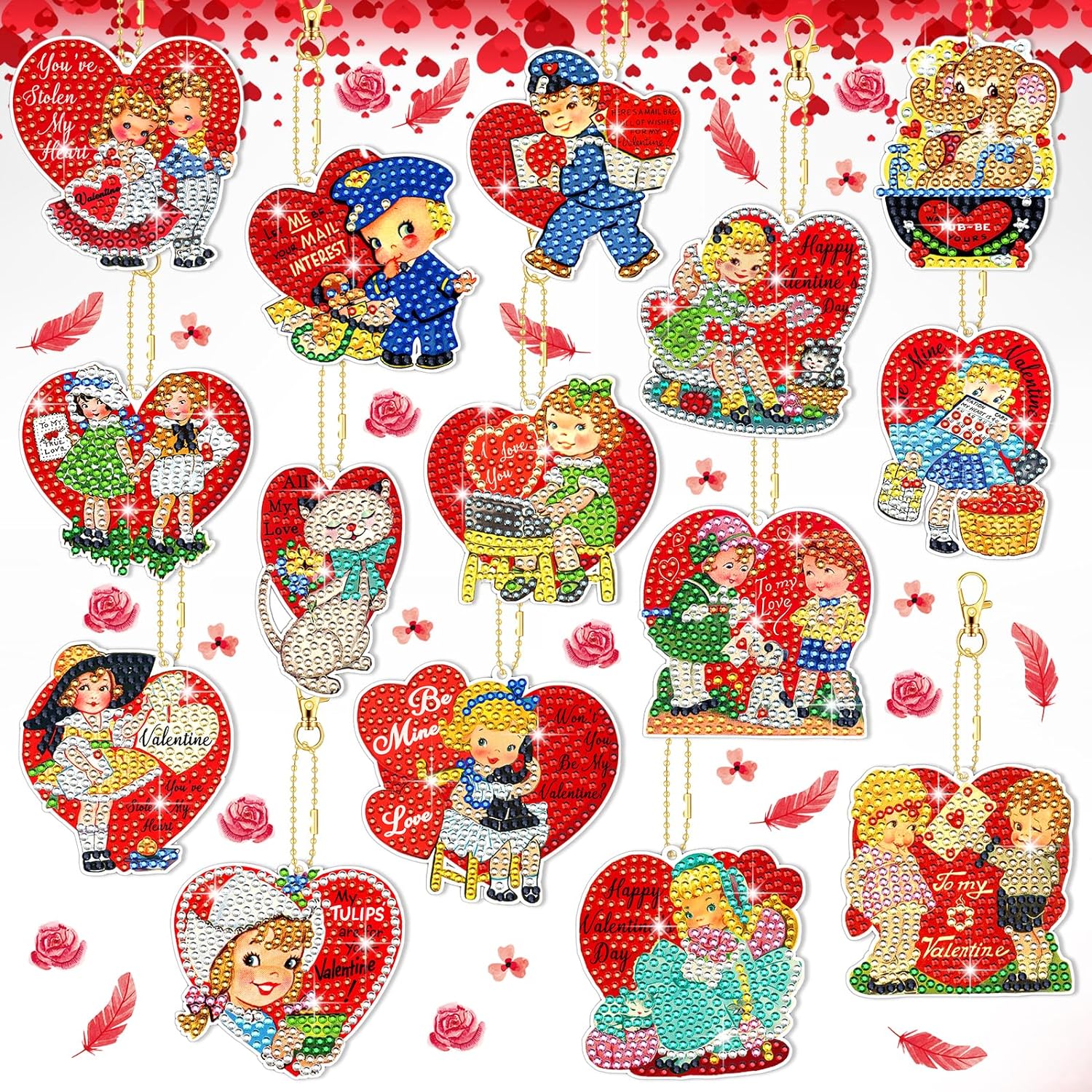 BBTO 15 Valentine' Day Diamond Painted Keychains Art Ornaments 5D DIY Red Valentine' Day Heart Kid Pet Patterns for Children' DIY Crafts (Heart)