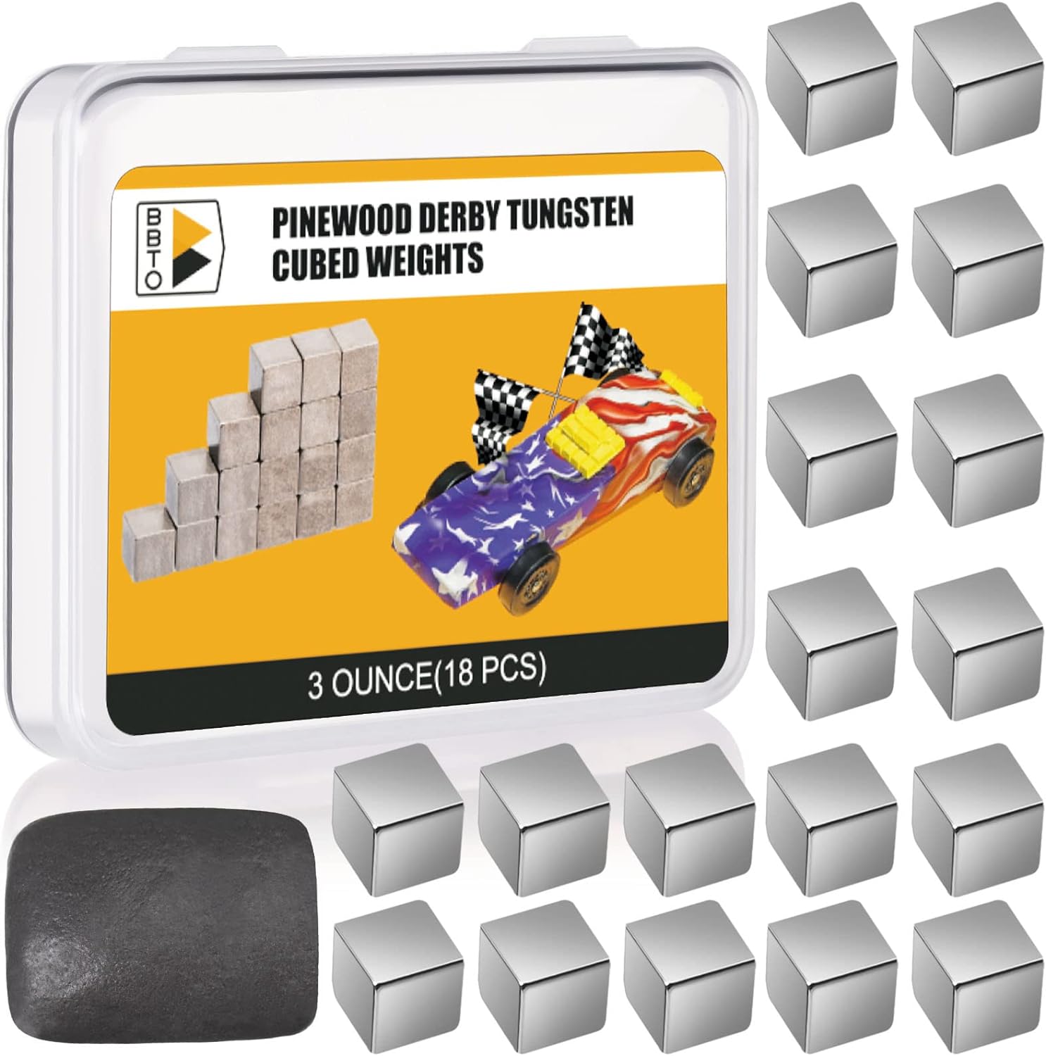 BBTO 3 Ounce Tungsten Cubed Weights and 1 Ounce Tungsten Putty Incremental Derby Weight Compatible with Pinewood Car Derby Weights for Maximum Speed