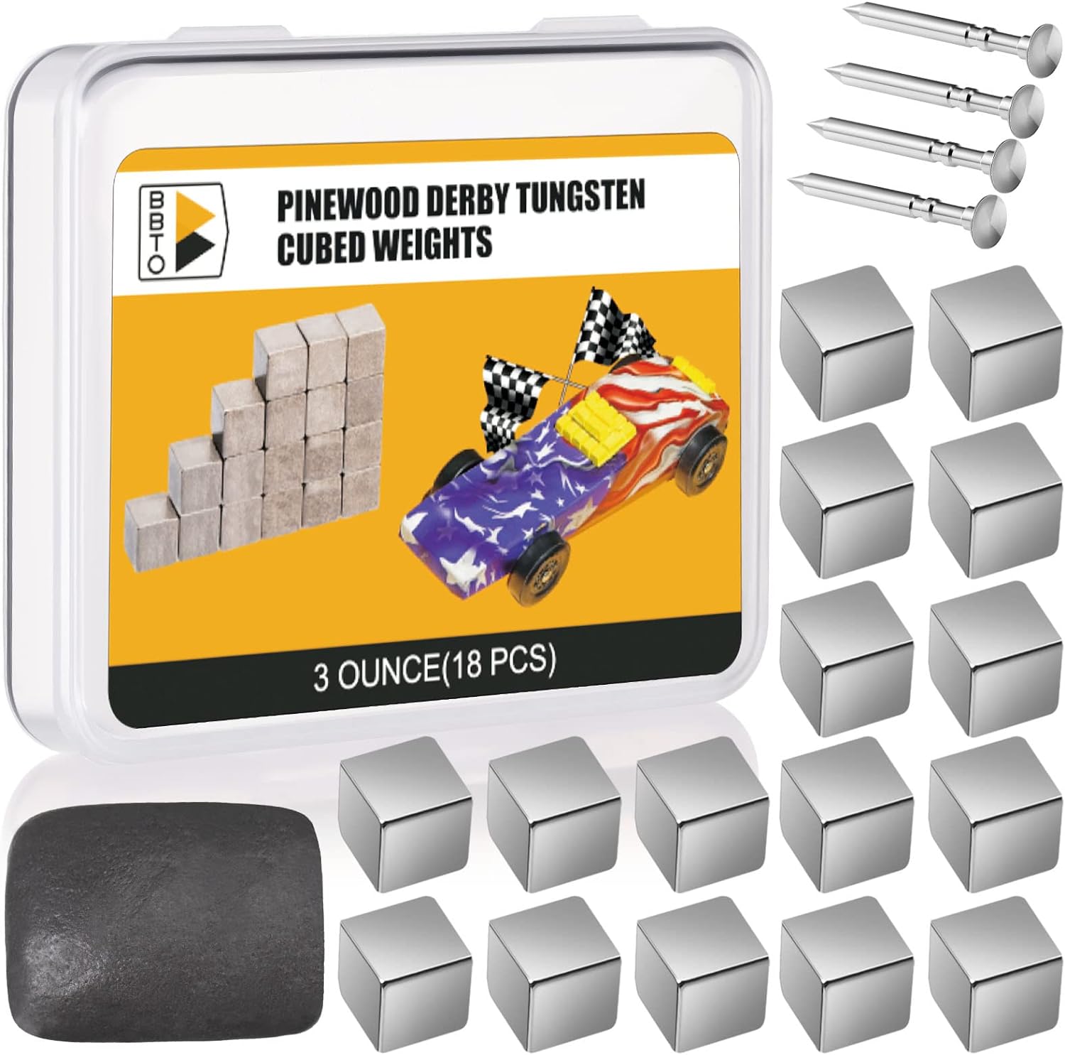 22 Pieces 4 Ounces Tungsten Weight 1/4 Inch Cubes Tungsten Putty Weights Polished Axles Kit Car Incremental Derby Weights Grooved Axles Reusable Compatible with Your Pinewood Car
