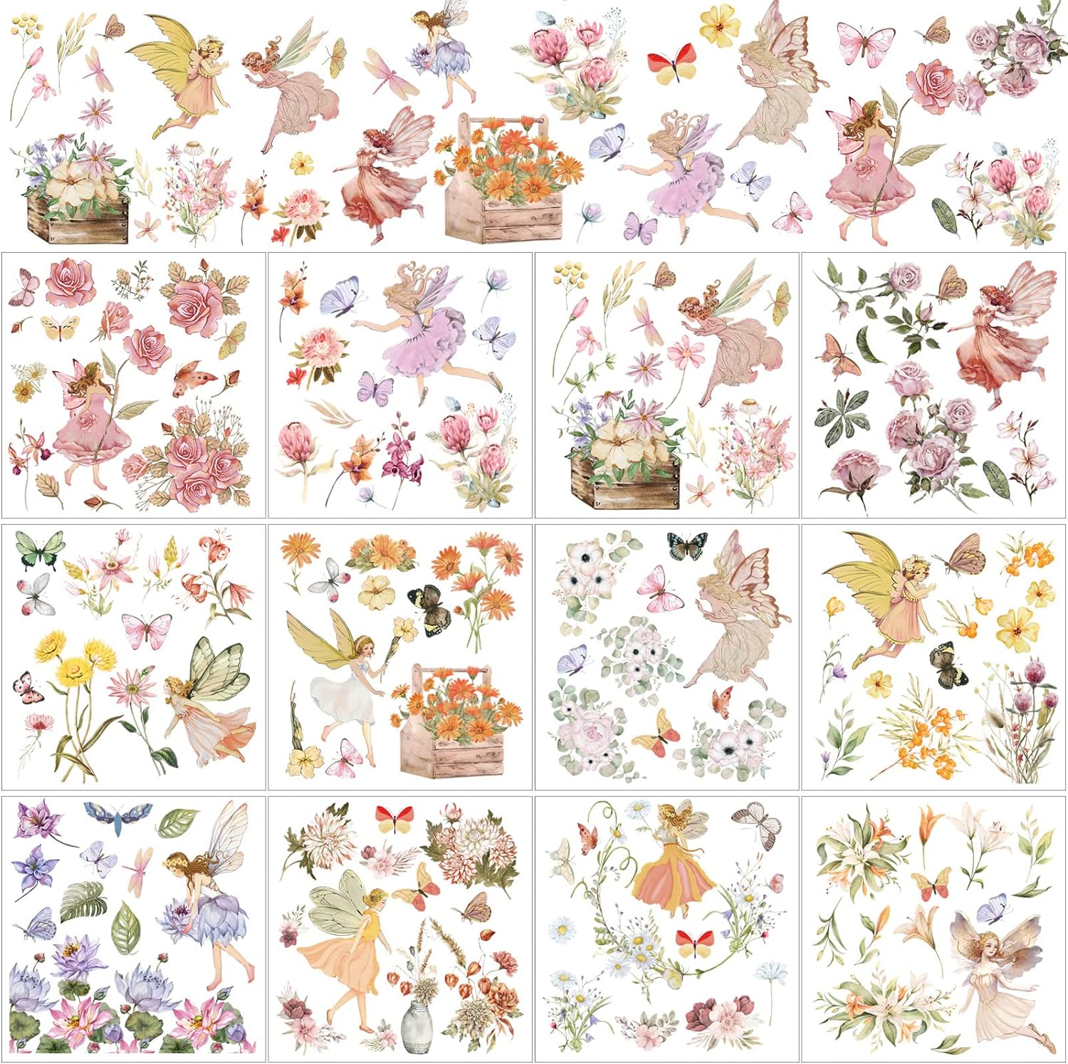 BBTO 12 Sheets Rub on Transfers for Crafts and Furniture Rub on Transfer Stickers Rub on Decals for Wood DIY Paper Home Decor, 5.5 x 5.7 Inch(Flower Fairy)