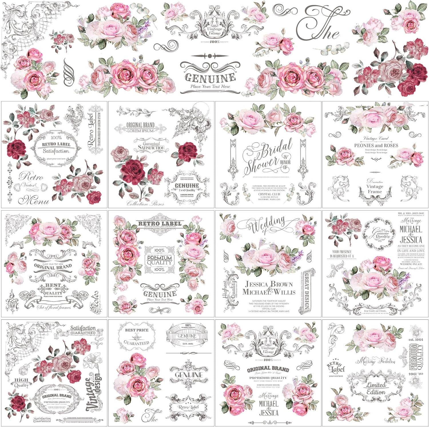 BBTO 12 Sheets Rub on Transfers for Crafts and Furniture Rub on Transfer Stickers Rub on Decals for Wood DIY Paper Home Decor, 5.5 x 5.7 Inch(Retro Rose)