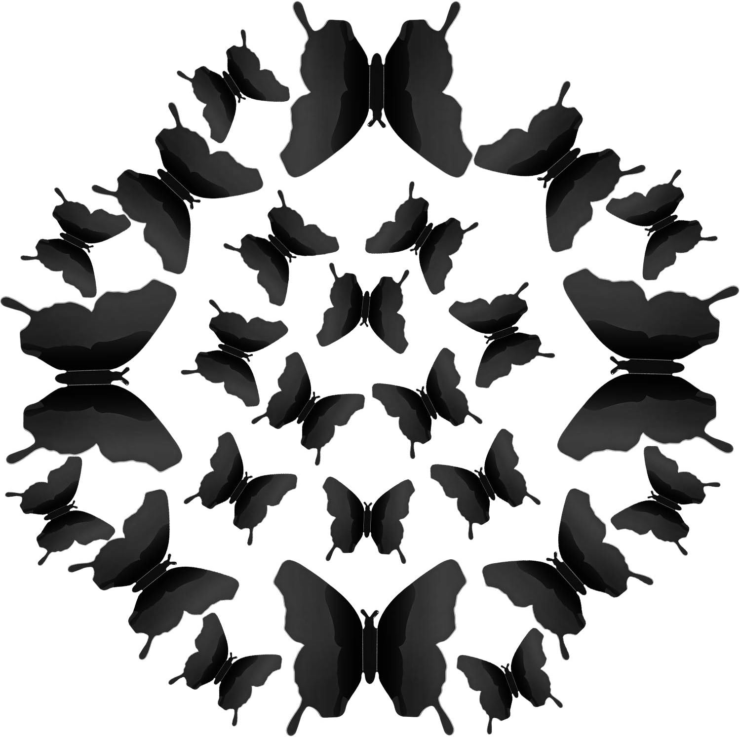 48 Pieces Butterfly Wall Decor DIY Mirror 3D Butterfly Stickers Removable Butterfly Decals for Home Nursery Classroom Kids Bedroom Bathroom Living Room Decor (Black)