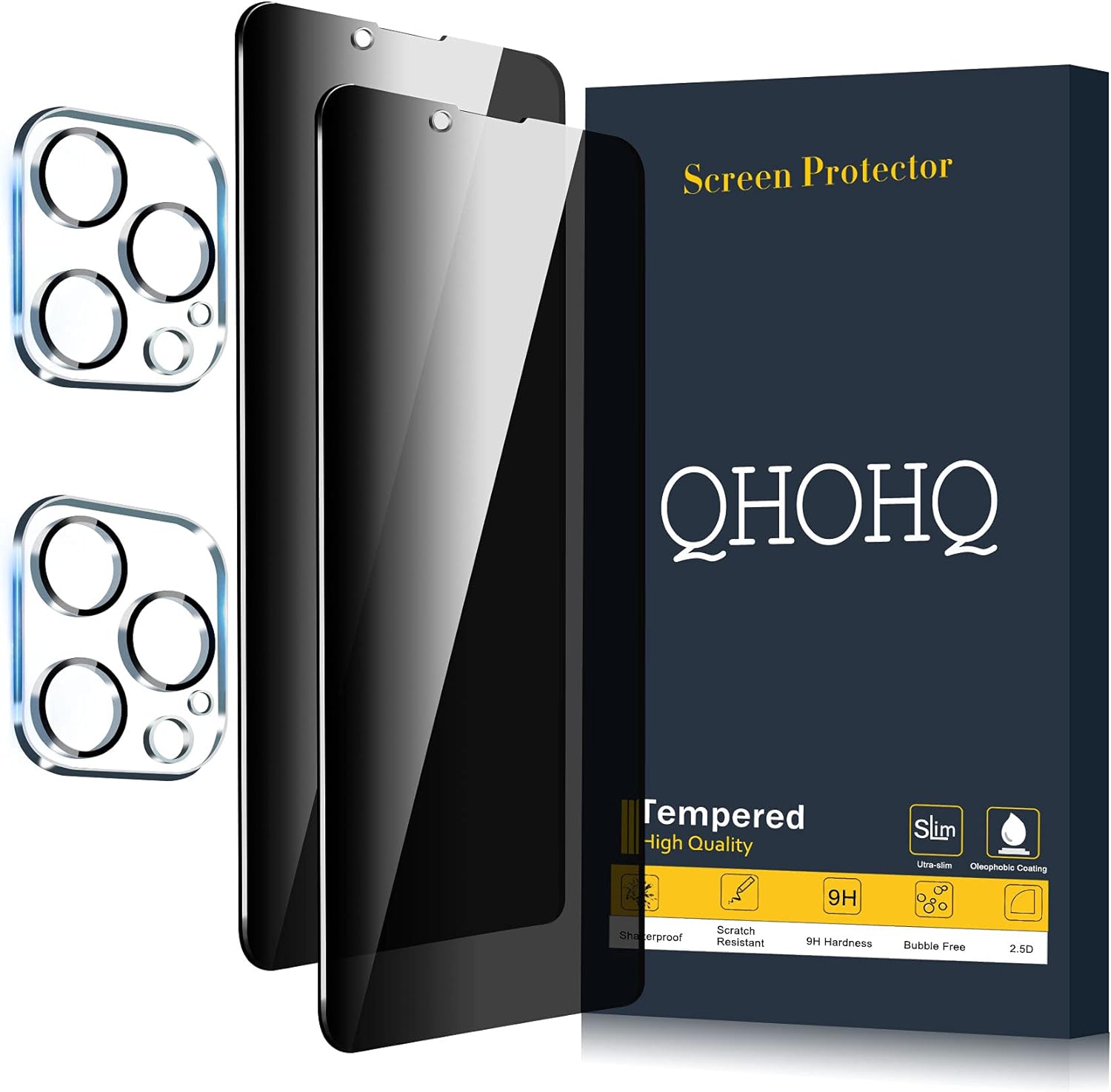 QHOHQ 2 Pack Privacy Screen Protector for iPhone 13 Pro 6.1 with 2 Packs Camera Lens Protector, Full Screen Tempered Glass Film,9H Hardness Anti-Scratch, Anti Spy, Easy to install - Case Friendly