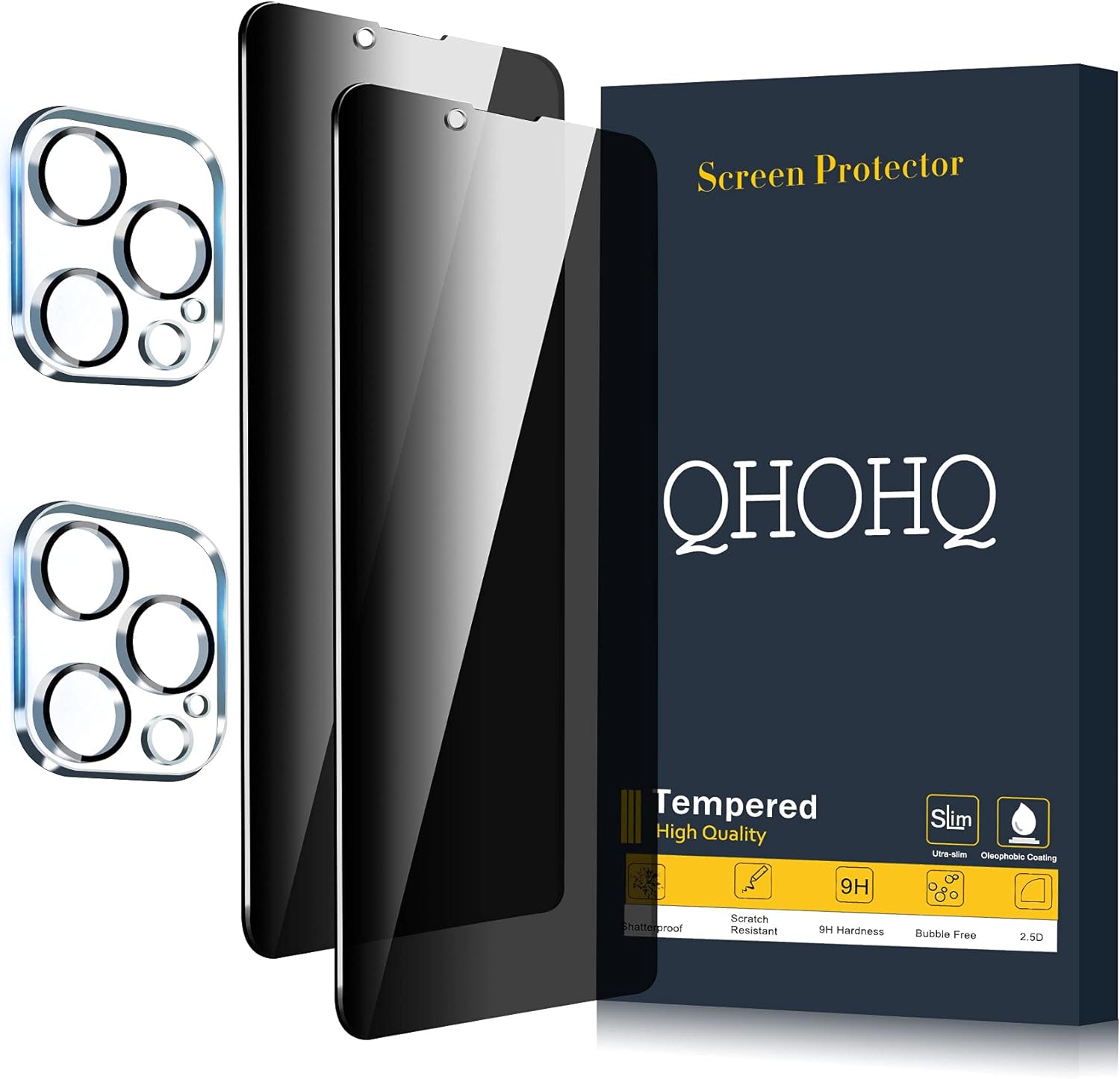 QHOHQ 2 Pack Privacy Screen Protector for iPhone 13 Pro Max 6.7 with 2 Packs Camera Lens Protector, Full Screen Tempered Glass Film,9H Hardness Anti-Scratch, Anti Spy, Easy to install - Case Friendly