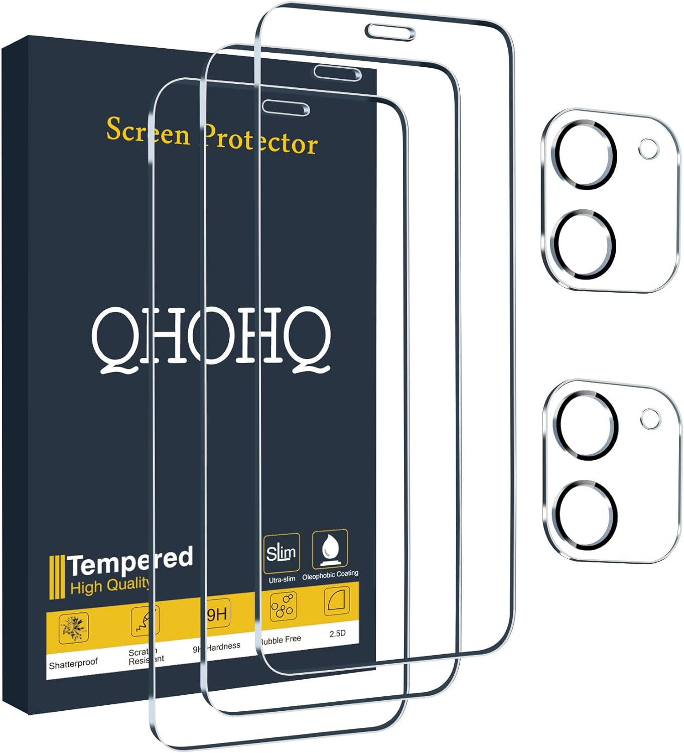 QHOHQ 3 Pack Screen Protector for iPhone 12 6.1 Inch with 2 Pack Tempered Glass Camera Lens Protector, Ultra HD, 9H Hardness, Scratch Resistant, Easy Install - Case Friendly