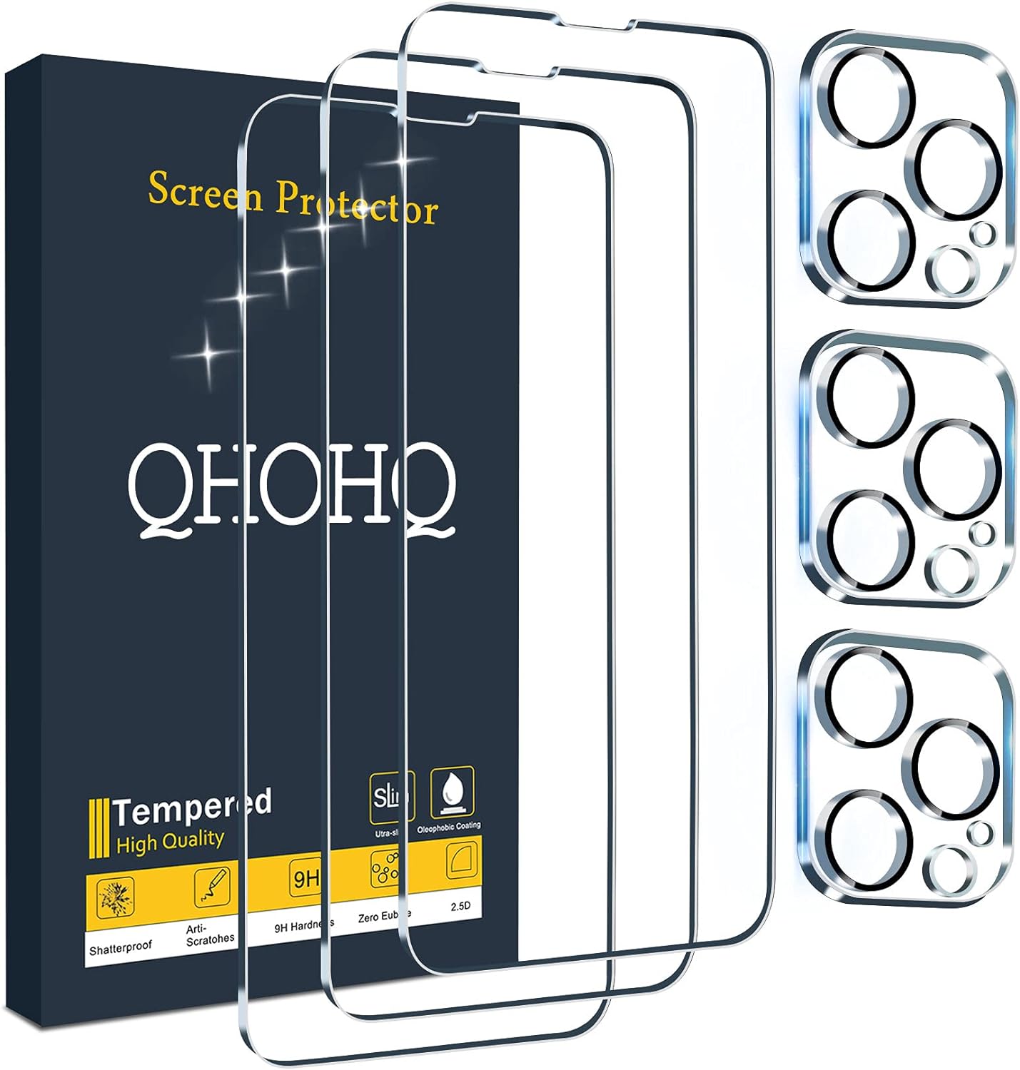 QHOHQ 3 Pack Screen Protector for iPhone 13 Pro Max 6.7 with 3 Pack Tempered Glass Camera Lens Protector, Ultra HD, 9H Hardness, Scratch Resistant, Easy Install - Case Friendly