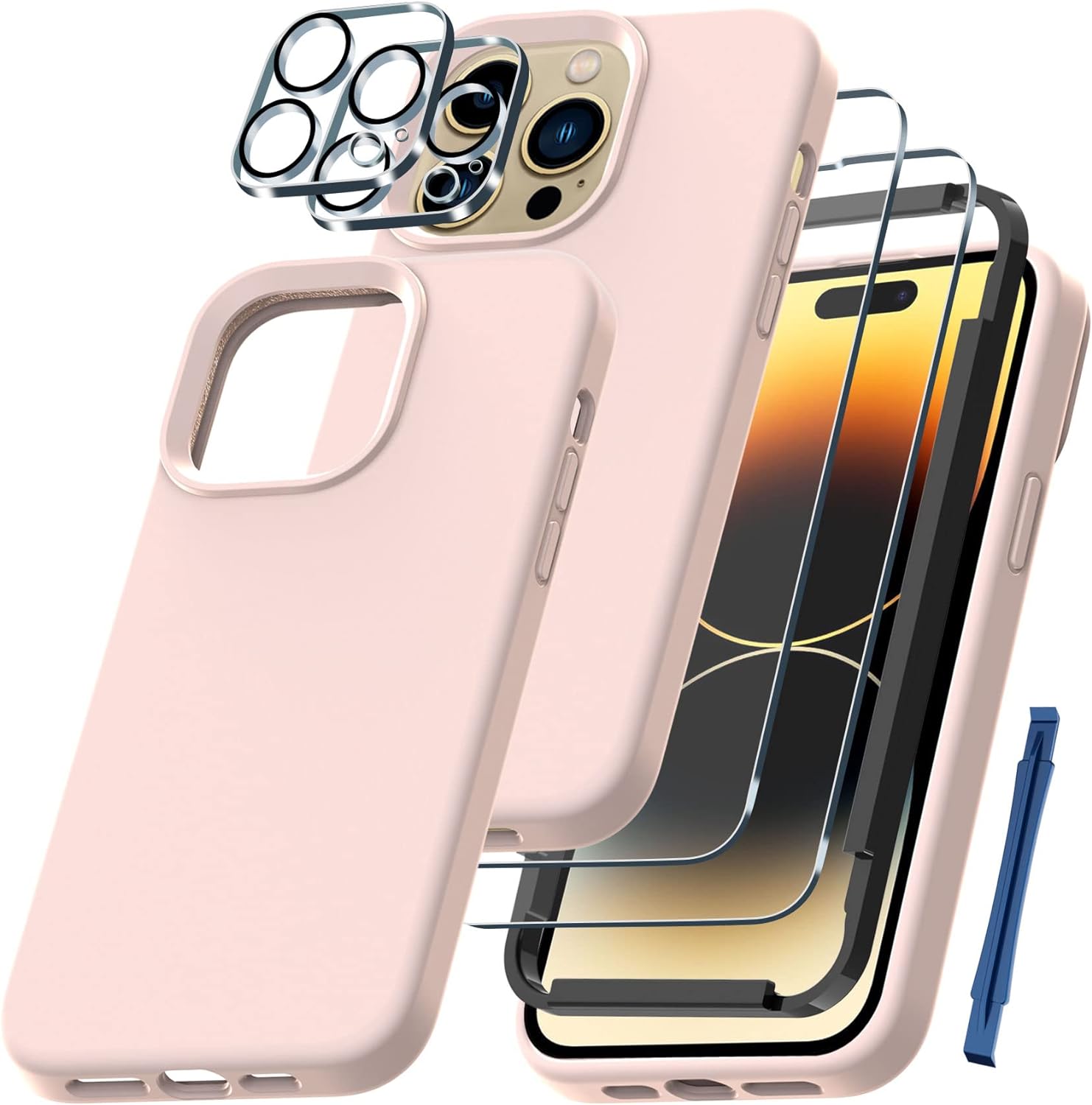 QHOHQ [5 in 1] for iPhone 14 Pro Max Case, with 2X Screen Protector   2X Camera Lens Protector, Soft Silicone Military Shockproof Slim Thin Phone Case 6.7 Inch, Pink