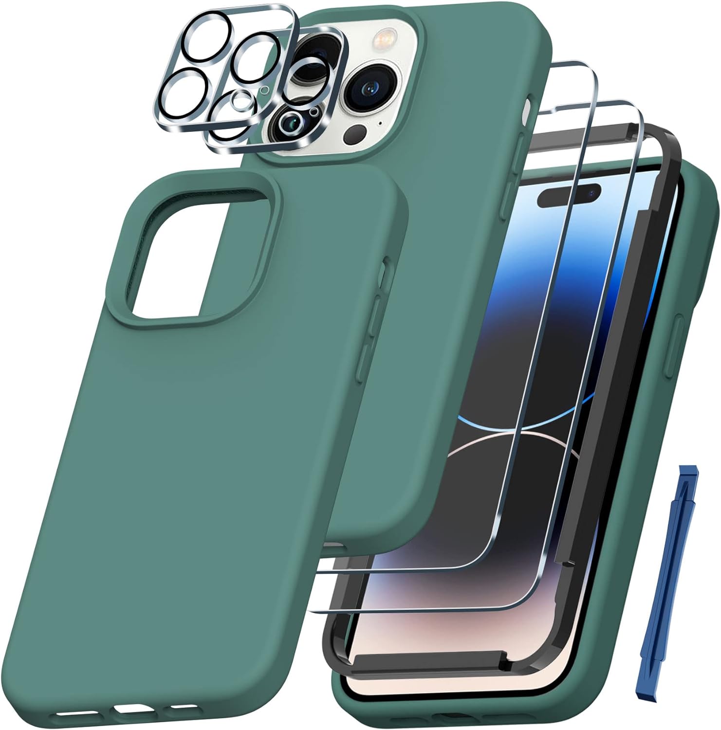 QHOHQ [5 in 1] for iPhone 14 Pro Max Case, with 2X Screen Protector   2X Camera Lens Protector, Soft Silicone Military Shockproof Slim Thin Phone Case 6.7 InchMidnight Green