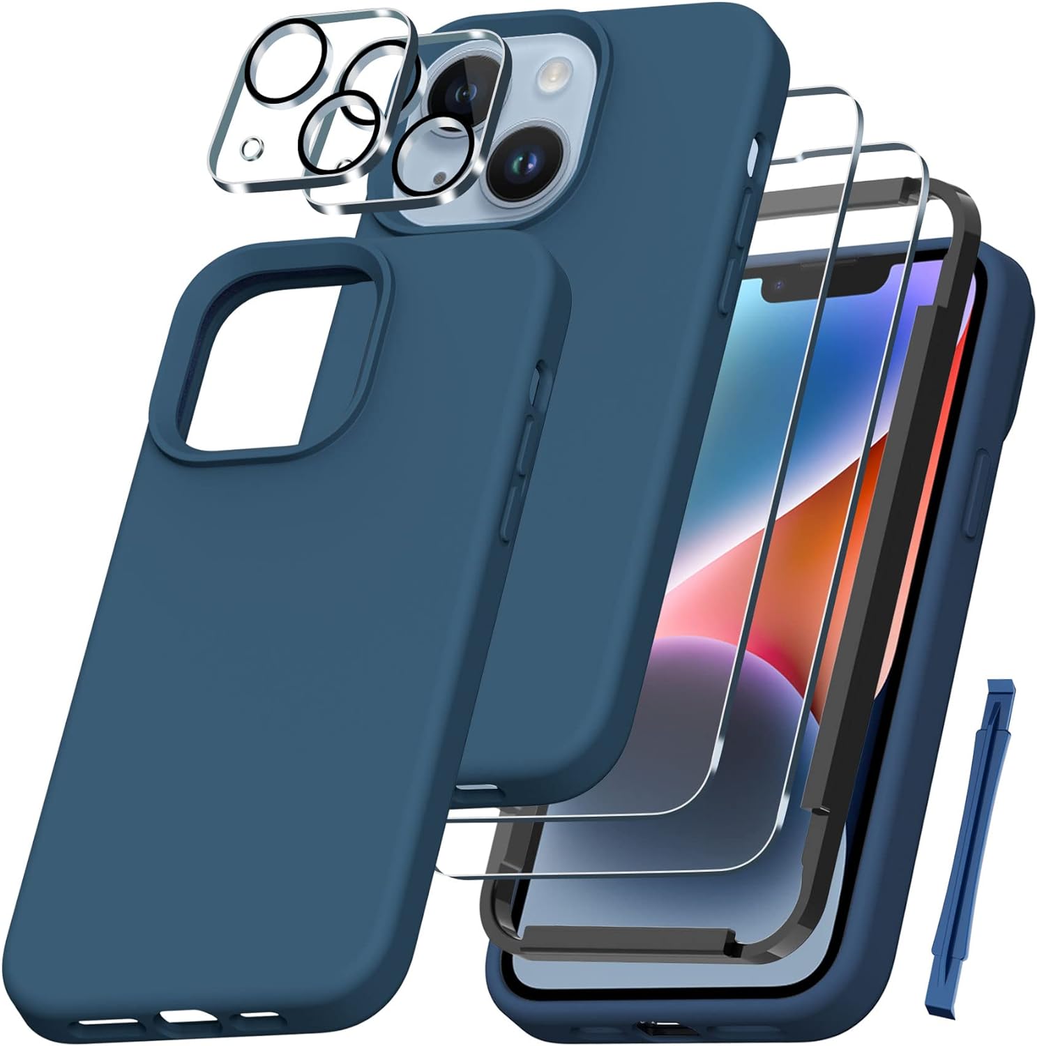 QHOHQ [5 in 1] for iPhone 14 Plus Case, with 2X Screen Protector   2X Camera Lens Protector, Soft Silicone Military Shockproof Slim Thin Phone Case 6.7 Inch for Men and Women, Cobalt Blue