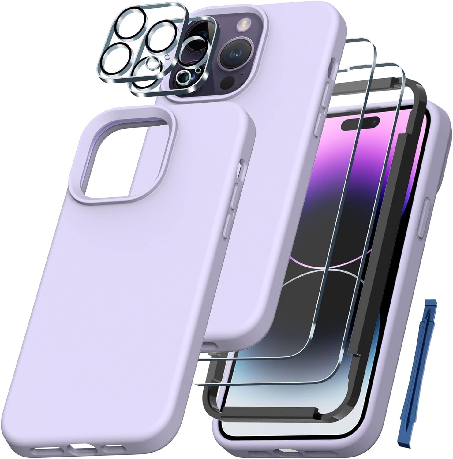 QHOHQ [5 in 1] for iPhone 14 Pro Case, with 2X Screen Protector   2X Camera Lens Protector, Soft Silicone Military Shockproof Slim Thin Phone Case 6.1 Inch, Elegant Purple