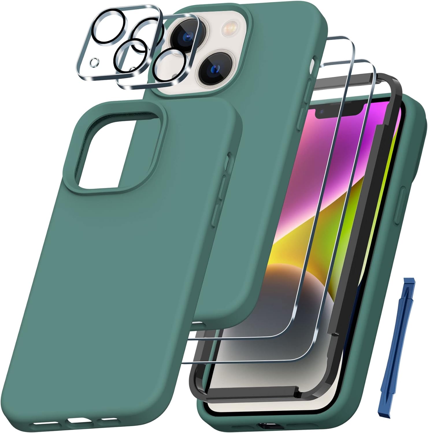 QHOHQ [5 in 1] for iPhone 14 Plus Case, with 2X Screen Protector   2X Camera Lens Protector, Soft Silicone Military Shockproof Slim Thin Phone Case 6.7 Inch for Men and Women, Midnight Green