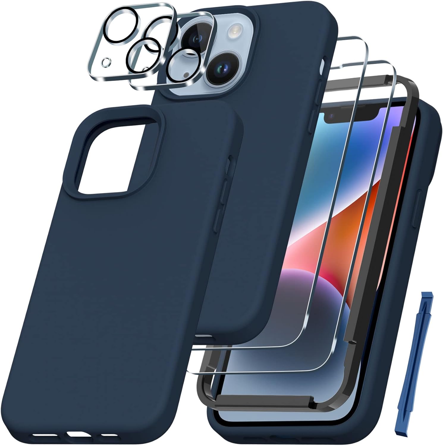 QHOHQ [5 in 1] for iPhone 14 Plus Case, with 2X Screen Protector + 2X Camera Lens Protector, Soft Silicone Military Shockproof Slim Thin Phone Case 6.7 Inch for Men and Women, Navy Blue