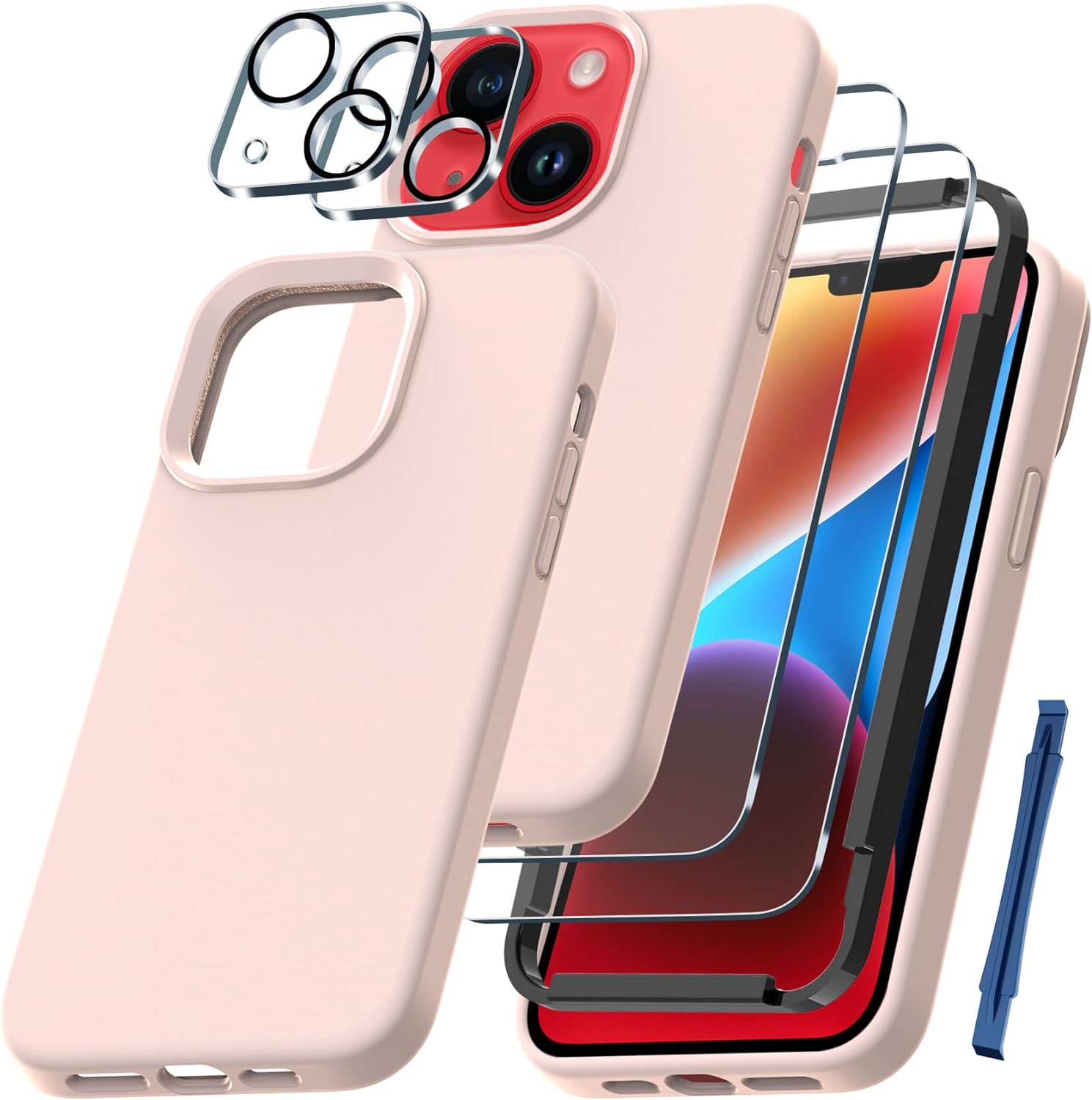 QHOHQ [5 in 1] for iPhone 14 Plus Case, with 2X Screen Protector   2X Camera Lens Protector, Soft Silicone Military Shockproof Slim Thin Phone Case 6.7 Inch for Men and Women, Pink